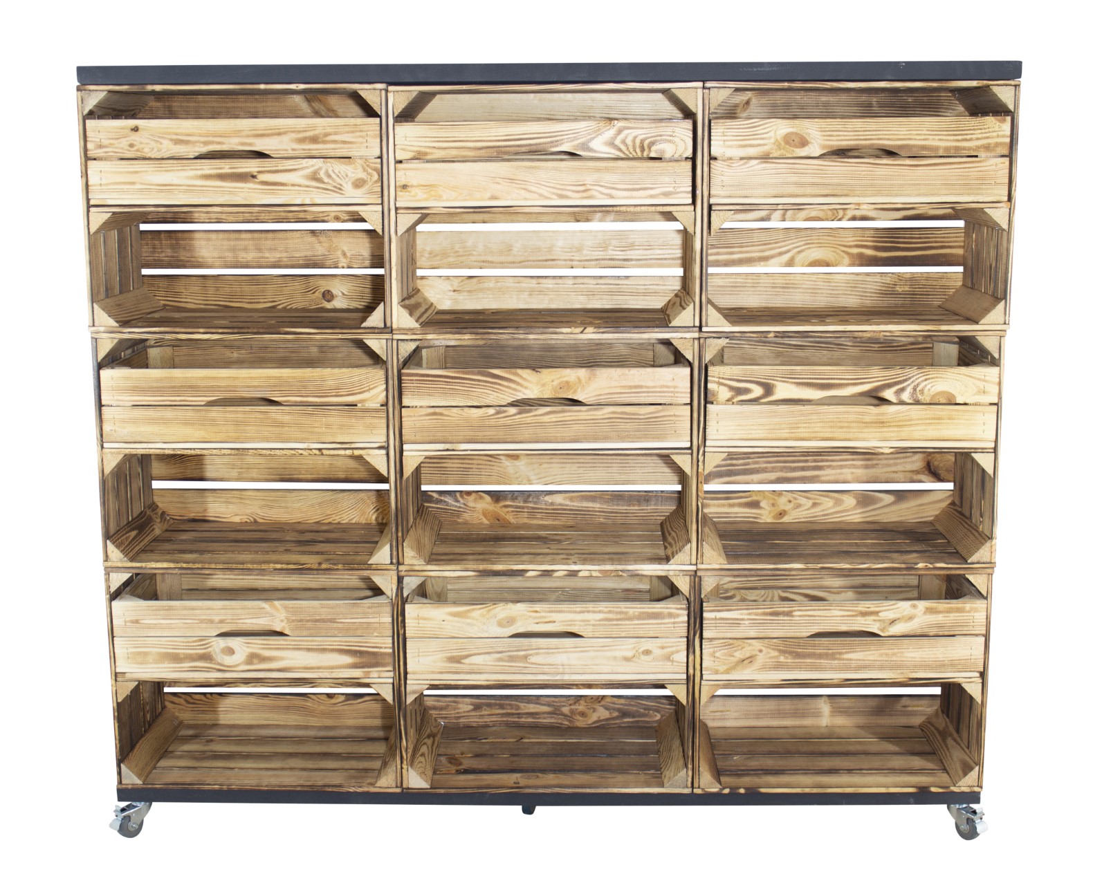 Raumtrenner/ Kommode aus geflammten Obstkisten mit 2 schwarzen Bohlenbrettern auf Rollen 133x150x30cm Raumtrenner/ Kommode aus geflammten Obstkisten mit 2 schwarzen Bohlenbrettern auf Rollen 133x150x30cm