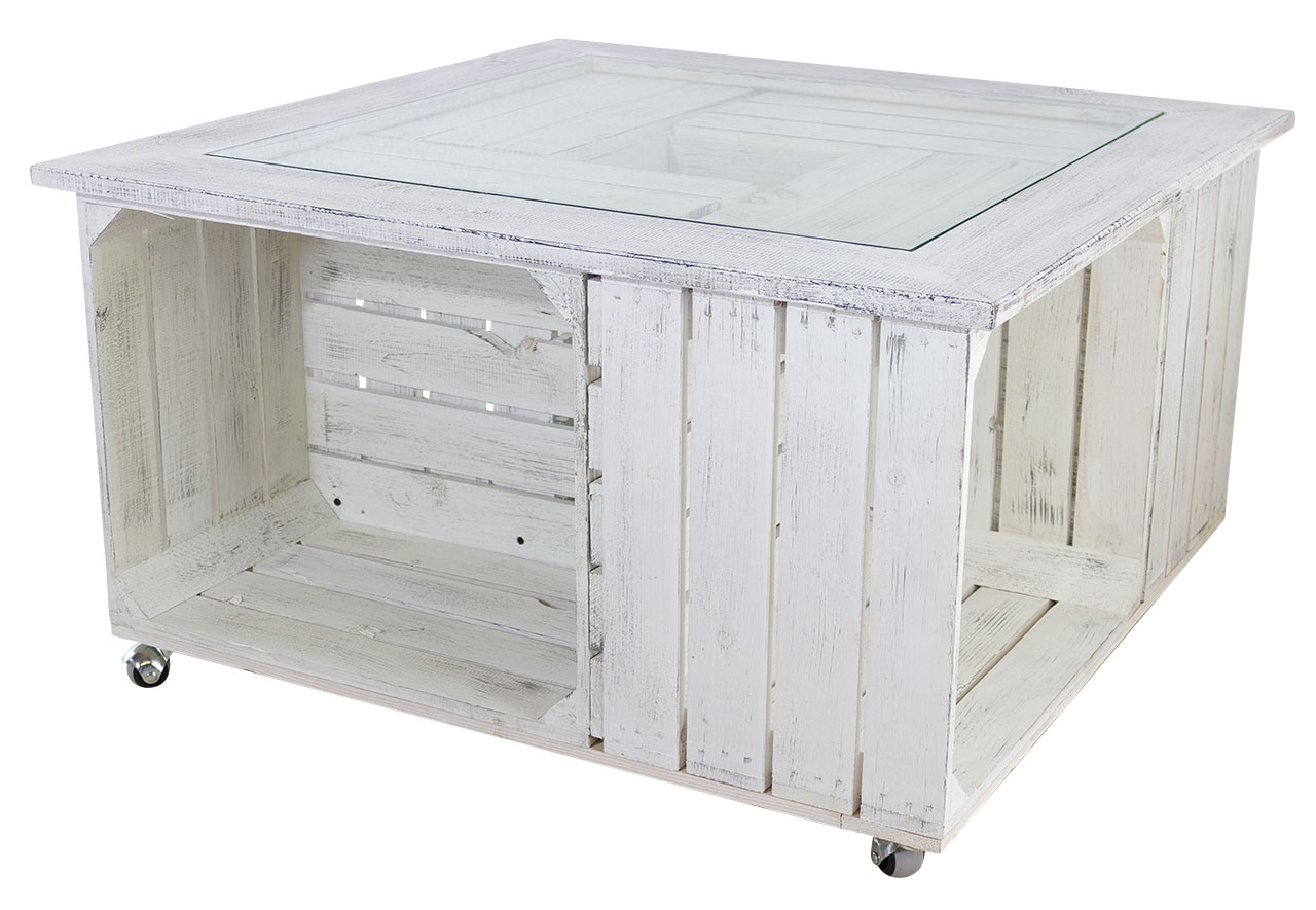Weißer Tisch mit Glasplatte und Shabby Rahmen / besonders durch 4 Holzkisten für extra Stauraum / 85x85cm