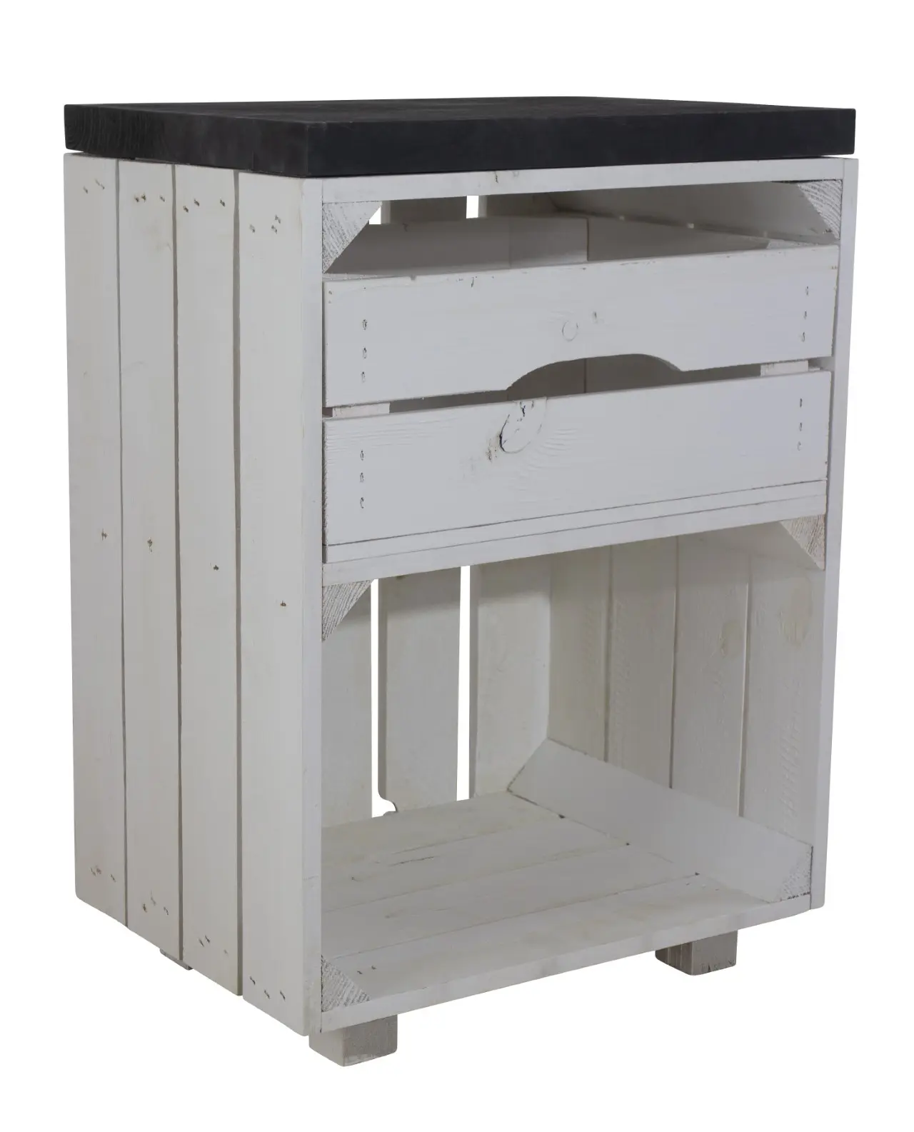 Weißer Nachttisch mit Schublade und einem schwarzen Bohlenbrett 30,5x40x57cm