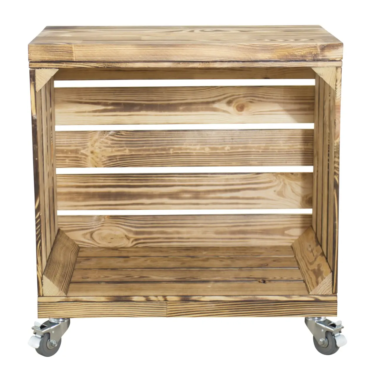 Beistelltisch aus einer geflammten Kiste mit 2 Bohlenbrettern auf Rollen 53x50x30cm Beistelltisch aus einer geflammten Kiste mit 2 Bohlenbrettern auf Rollen 53x50x30cm
