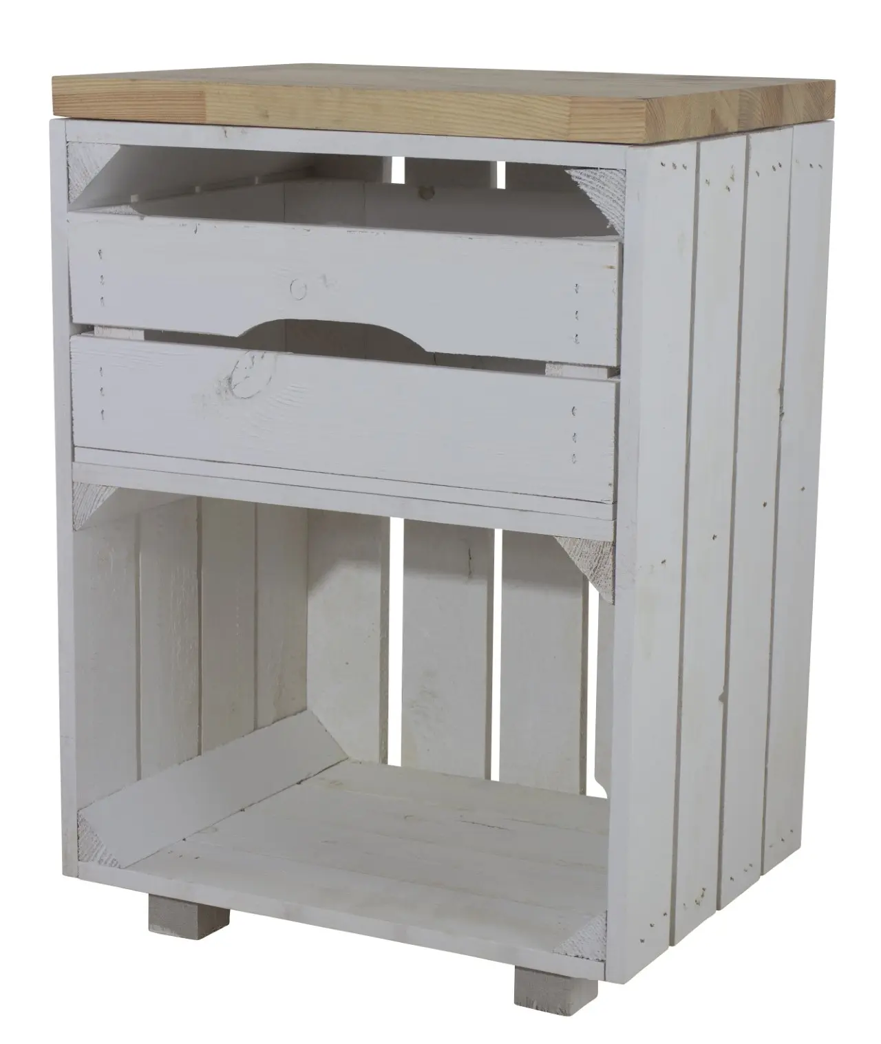 Weißer Nachttisch mit Schublade und Bohlenbrett in natur 30,5x40x57cm