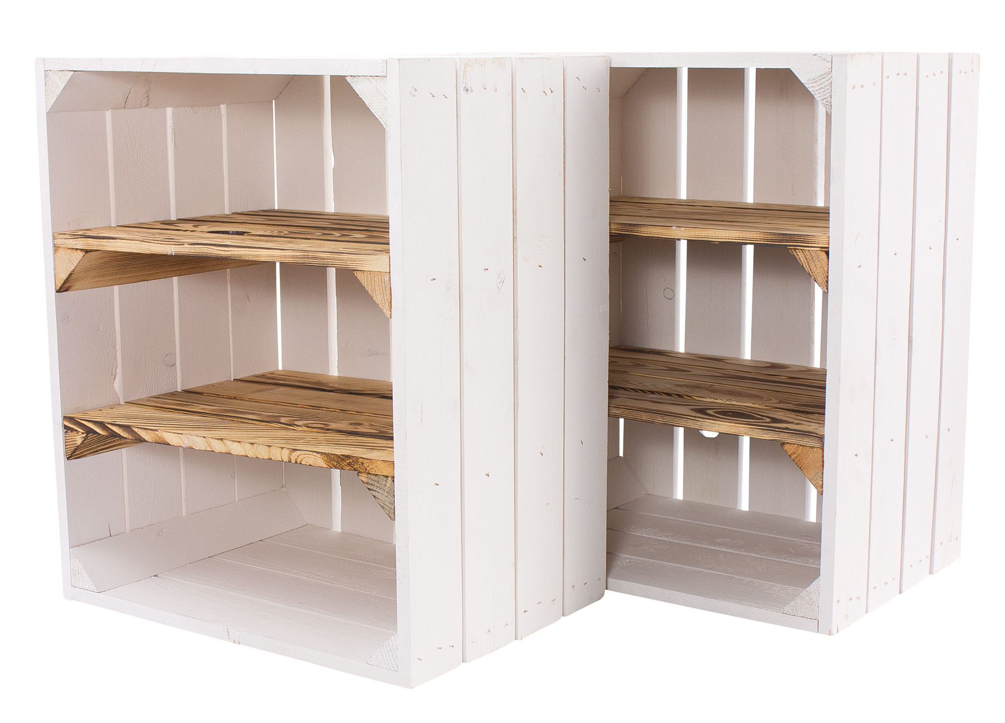 Weiße Holzkiste mit 2 geflammten Mittelbrettern -quer- 50x40x30cm