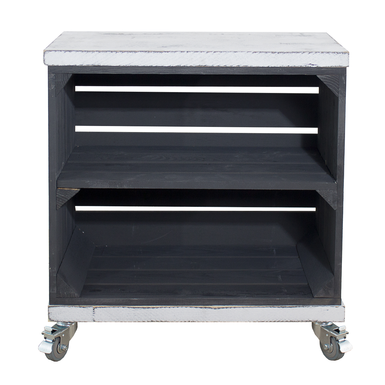Regal aus schwarzer Obstkiste mit Mittelbrett sowie 2 Bohlenbrettern in shabby weiß auf Rollen 53x50x30cm Regal aus schwarzer Obstkiste mit Mittelbrett sowie 2 Bohlenbrettern in shabby weiß auf Rollen 53x50x30cm