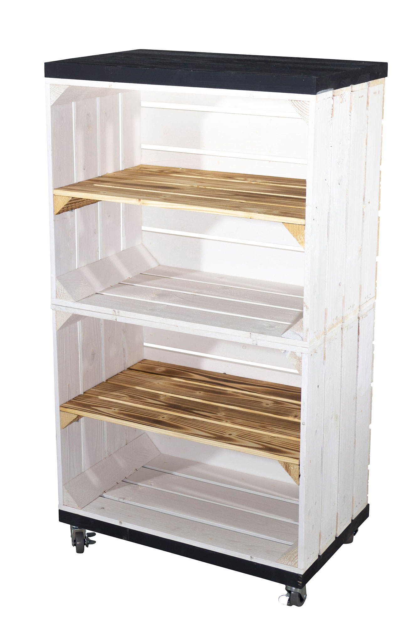 Regal aus zwei weißen Obstkisten und Bohlenbretter auf Rollen 93x50x30cm Regal aus zwei weißen Obstkisten und Bohlenbretter auf Rollen 93x50x30cm