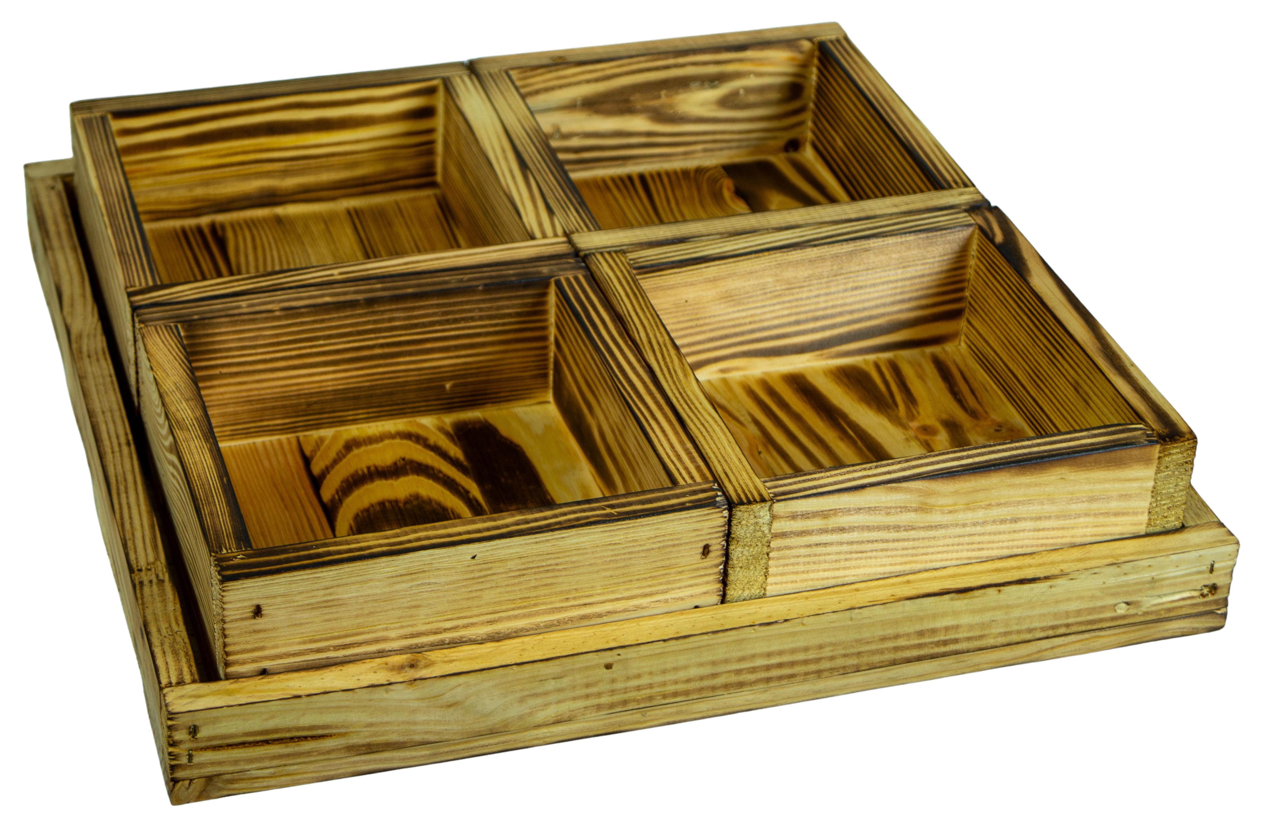 Kleines Dekotablett-Set aus 5 Holzkisten 40x40cm 8cm Höhe Kleines Dekotablett-Set aus 5 Holzkisten 40x40cm 8cm Höhe