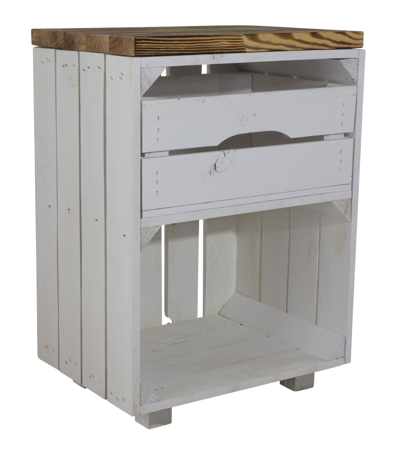 Weißer Nachttisch mit Schublade und geflammtem Bohlenbrett 30,5x40x57cm