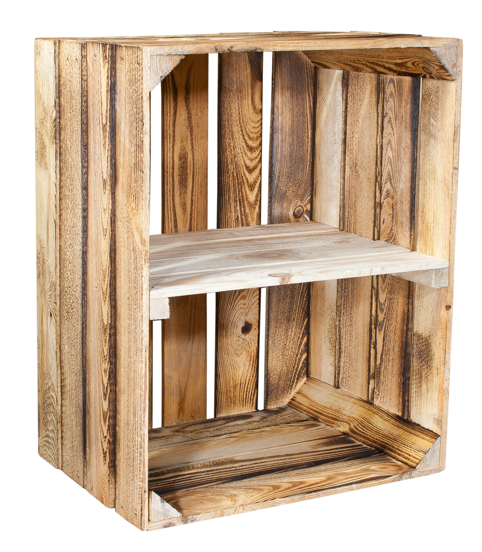 Geflammte Holzkiste mit Mittelbrett in natur -quer- 50x40x30cm