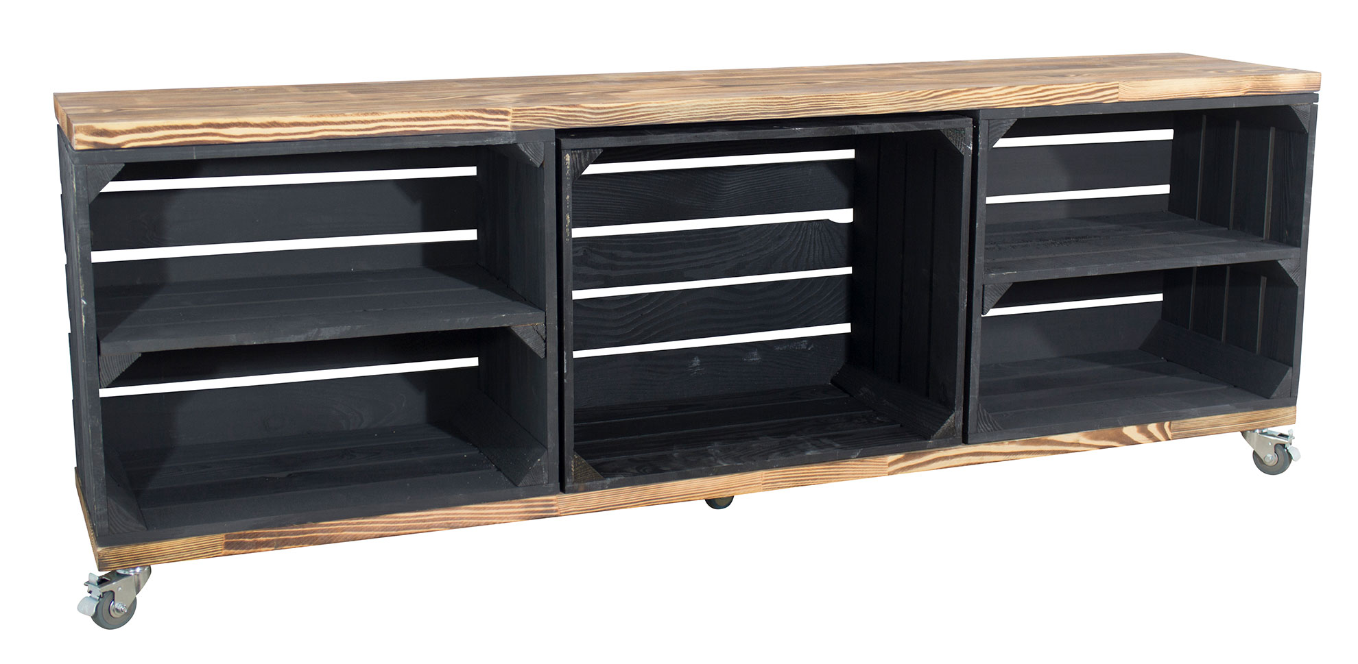 TV Schrank aus schwarzen Kisten mit 2 geflammten Bohlenbrettern auf Rollen, 150x53x30