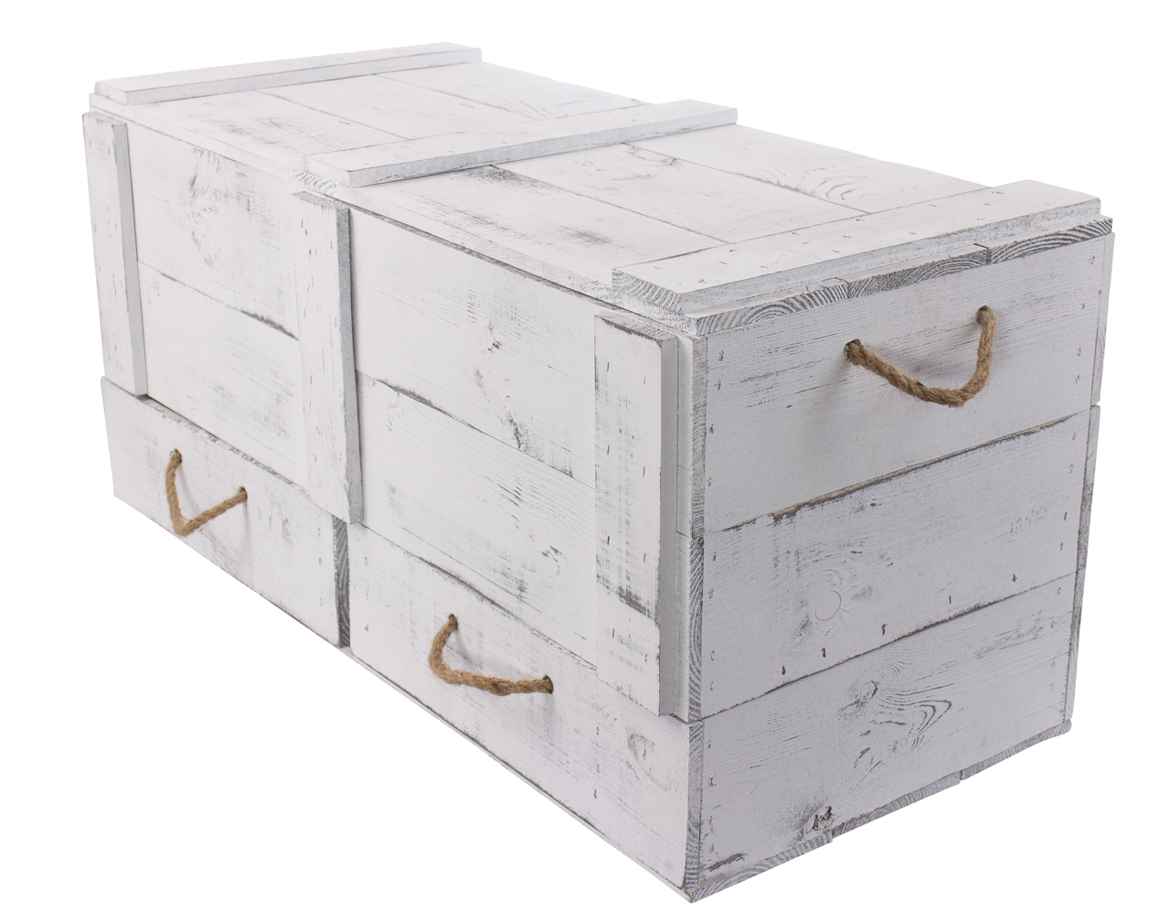 XXL Holztruhe Shabby mit 2 Schubladen und Kordel 85 x 39 x 40 cm