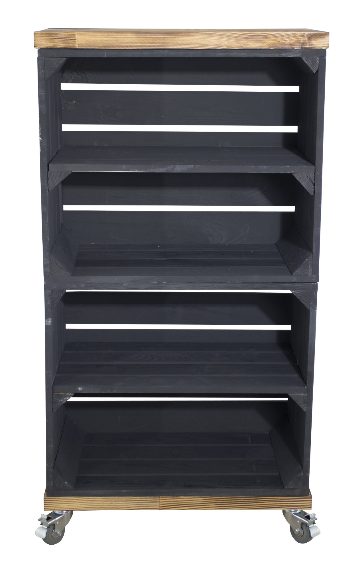 Regal aus 2 schwarzen Obstkisten mit 2 geflammten Bohlenbrettern auf Rollen 93x50x30cm Regal aus 2 schwarzen Obstkisten mit 2 geflammten Bohlenbrettern auf Rollen 93x50x30cm