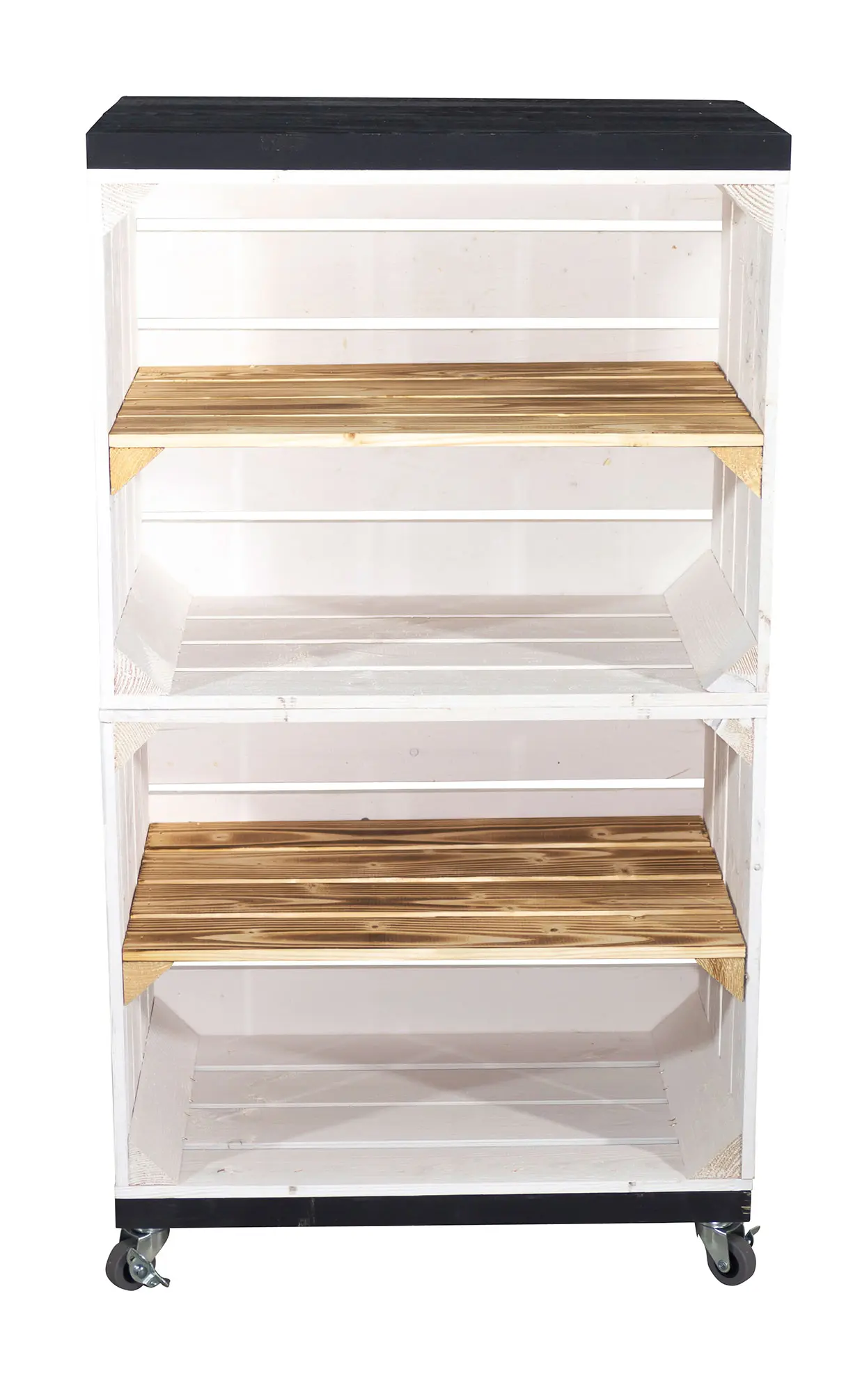 Regal aus zwei weißen Obstkisten und Bohlenbretter auf Rollen 93x50x30cm Regal aus zwei weißen Obstkisten und Bohlenbretter auf Rollen 93x50x30cm