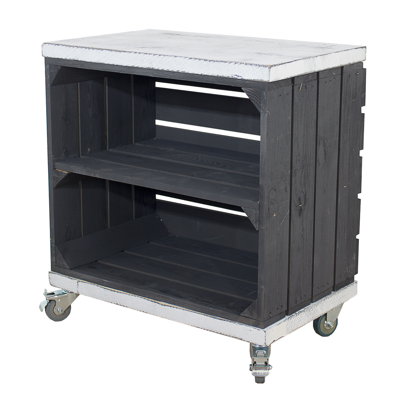 Regal aus schwarzer Obstkiste mit Mittelbrett sowie 2 Bohlenbrettern in shabby weiß auf Rollen 53x50x30cm Regal aus schwarzer Obstkiste mit Mittelbrett sowie 2 Bohlenbrettern in shabby weiß auf Rollen 53x50x30cm