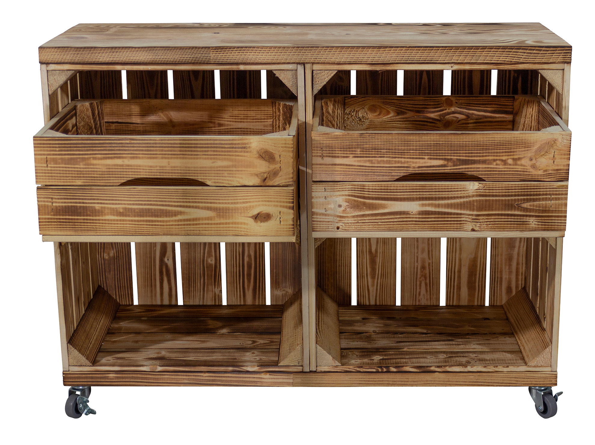 Regal aus zwei geflammten Kisten mit zwei Schubladen und Bohlenbrett in geflammt auf Rollen Regal aus zwei geflammten Kisten mit zwei Schubladen und Bohlenbrett in geflammt auf Rollen