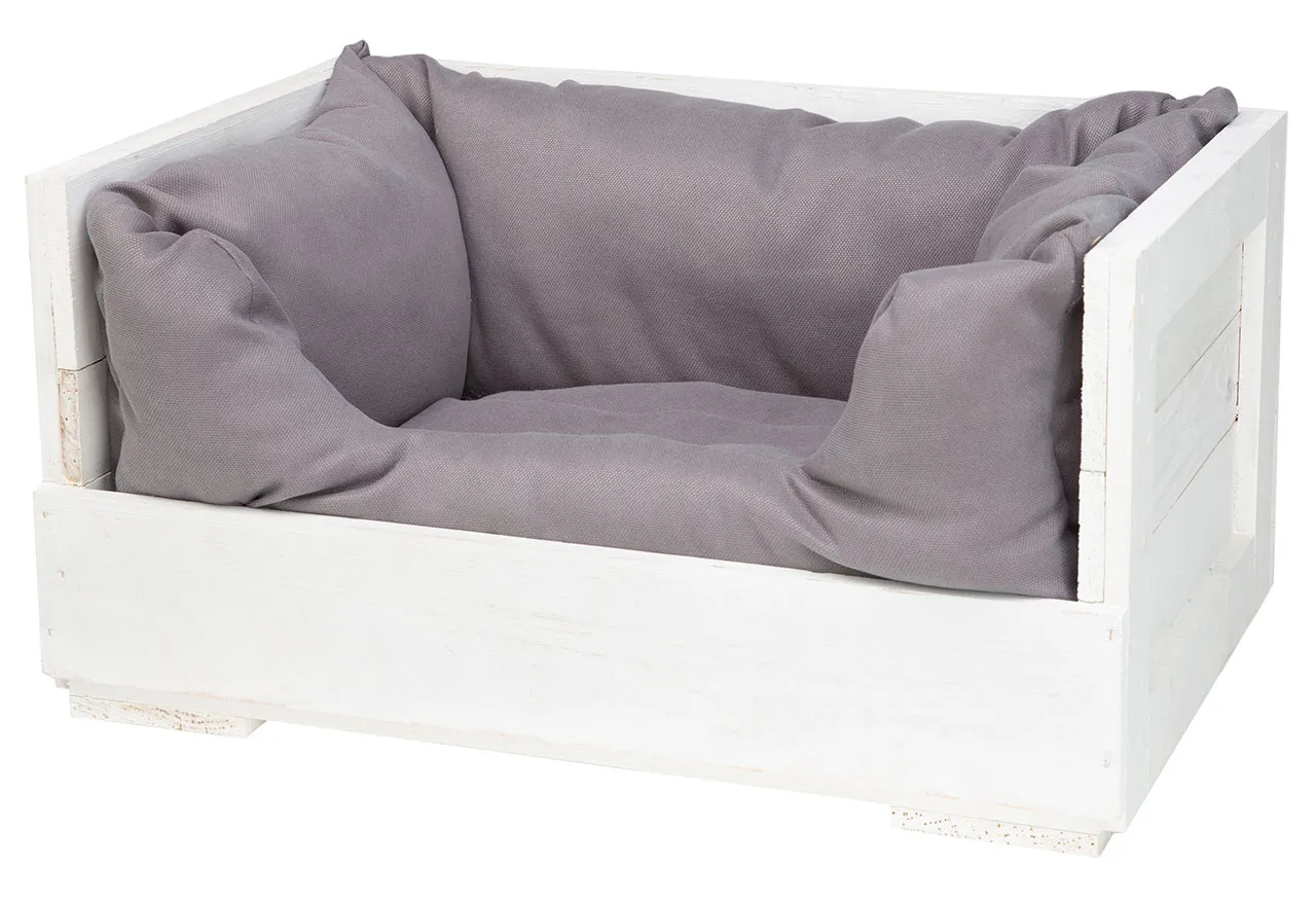 Katzenbett "Kitty" in weißem Holz mit Kissen 60x40x30cm