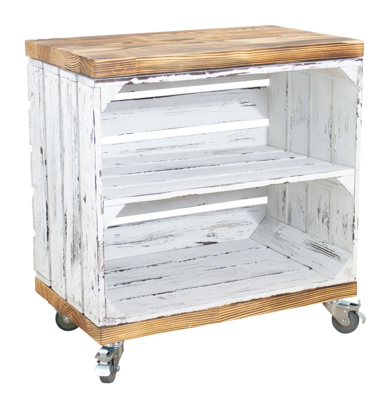 Rollkiste aus einer shabby weißen Obstkiste mit 2 geflammten Mittelbrettern auf Rollen, 53x50x30cm Rollkiste aus einer shabby weißen Obstkiste mit 2 geflammten Mittelbrettern auf Rollen, 53x50x30cm