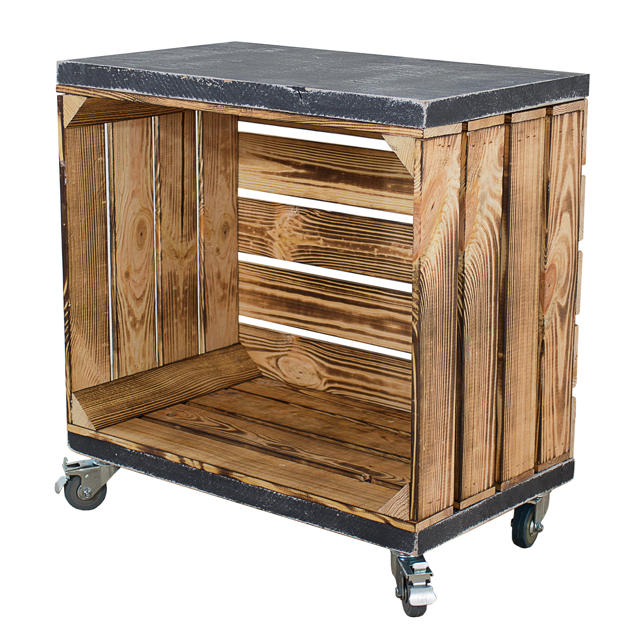 Regal aus einer geflammten Obstkiste mit 2 Bohlenbrettern in vintage grau auf Rollen 53x50x30cm Regal aus einer geflammten Obstkiste mit 2 Bohlenbrettern in vintage grau auf Rollen 53x50x30cm