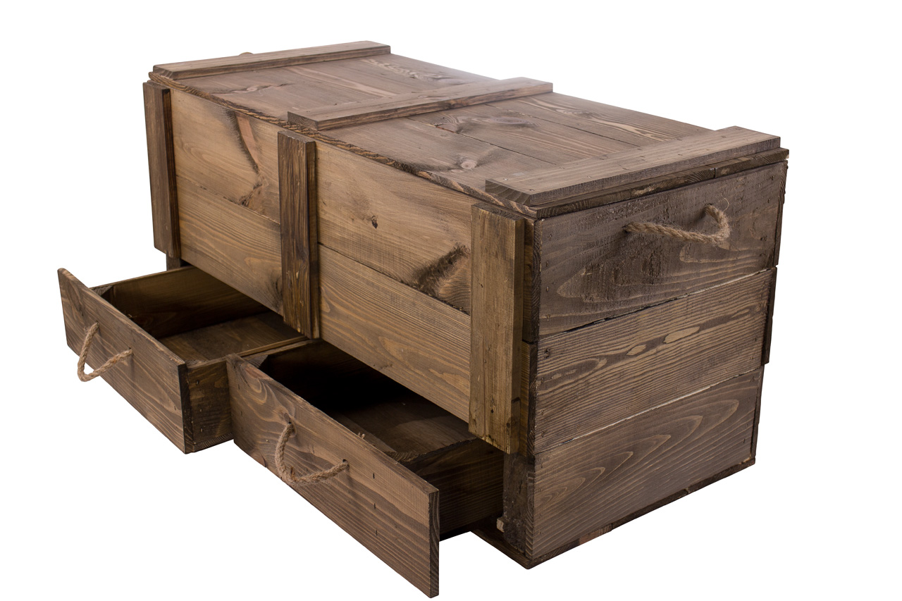XXL Holztruhe Used mit 2 Schubladen und Kordel 85 x 39 x 40 cm
