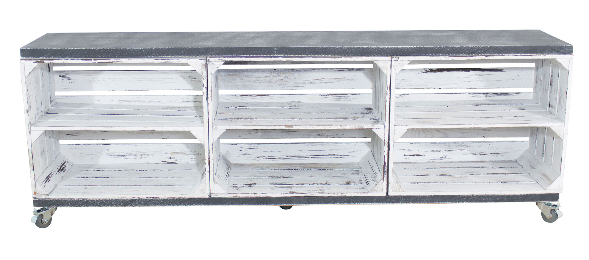 TV Schrank aus 3 Kisten in shabby weiß mit 2 Bohlenbrettern in shabby schwarz auf Rollen, 150x53x30