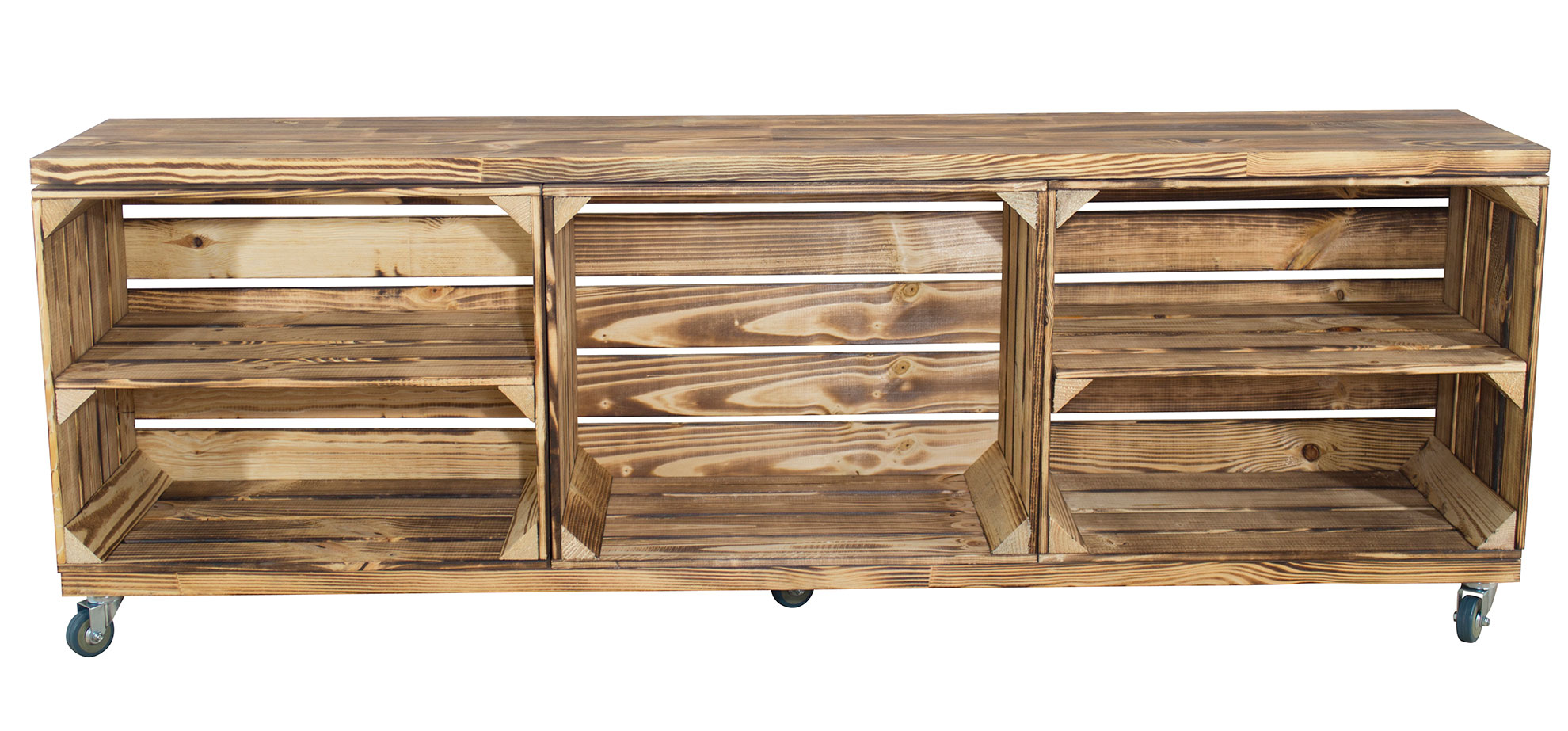 TV Schrank in geflammter Optik aus 3 Kisten sowie 2 Bohlenbrettern auf Rollen 150x53x30