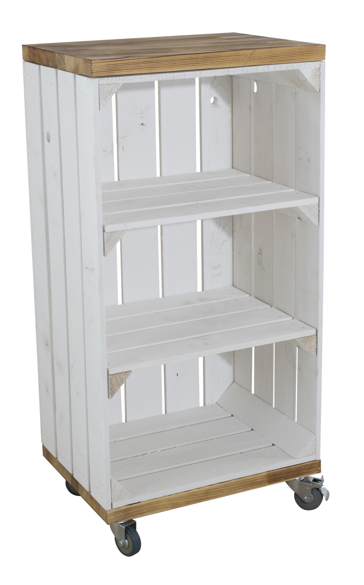 Weißes Regal mit 2 Mittelbrettern und 2 geflammten Bohlenbrettern, auf Rollen 74x40x30cm