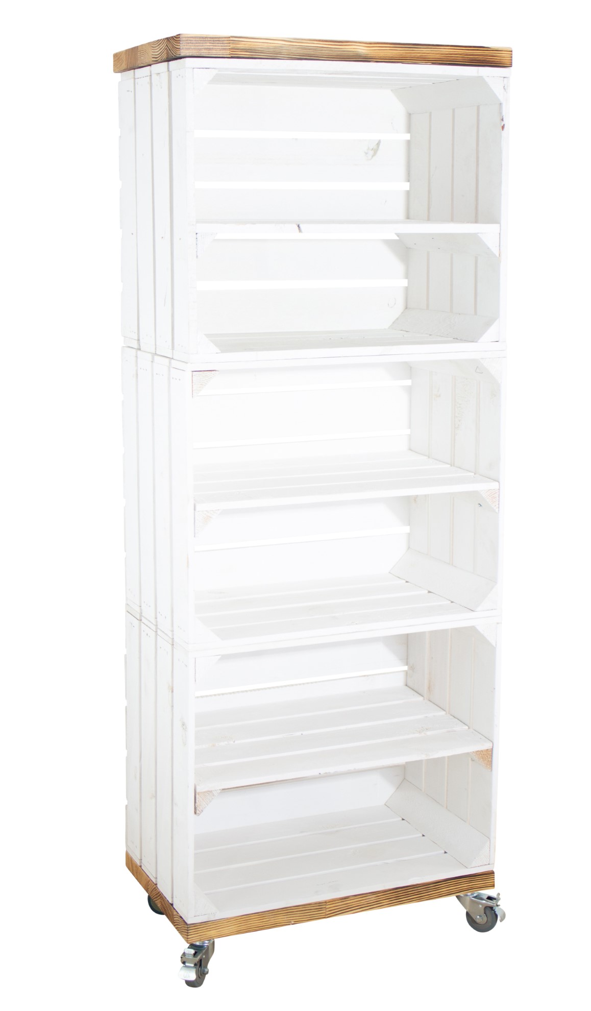 Regal aus 3 weißen Kisten mit 2 geflammten Bohlenbrettern auf Rollen, 133x50x30cm Regal aus 3 weißen Kisten mit 2 geflammten Bohlenbrettern auf Rollen, 133x50x30cm