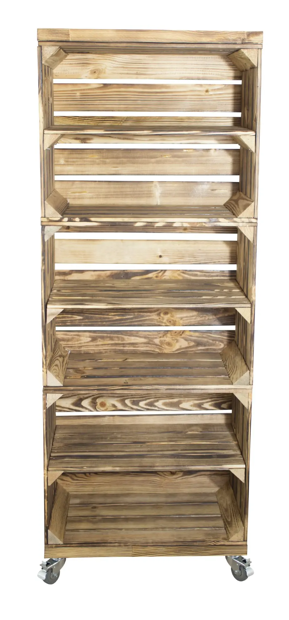 Regal aus 3 geflammten Obstkisten mit 2 geflammten Bohlenbrettern auf Rollen 133x50x30cm Regal aus 3 geflammten Obstkisten mit 2 geflammten Bohlenbrettern auf Rollen 133x50x30cm