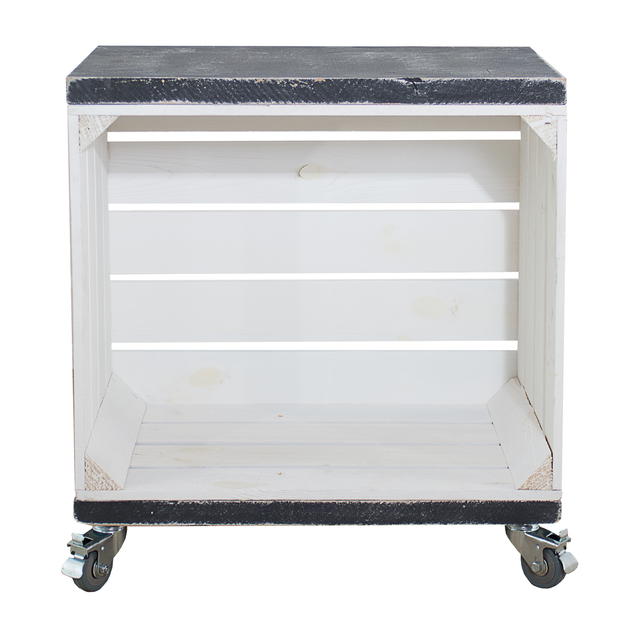 Regal aus weißer Obstkiste mit 2 Bohlenbrettern in shabby schwarz auf Rollen 53x50x30cm Regal aus weißer Obstkiste mit 2 Bohlenbrettern in shabby schwarz auf Rollen 53x50x30cm