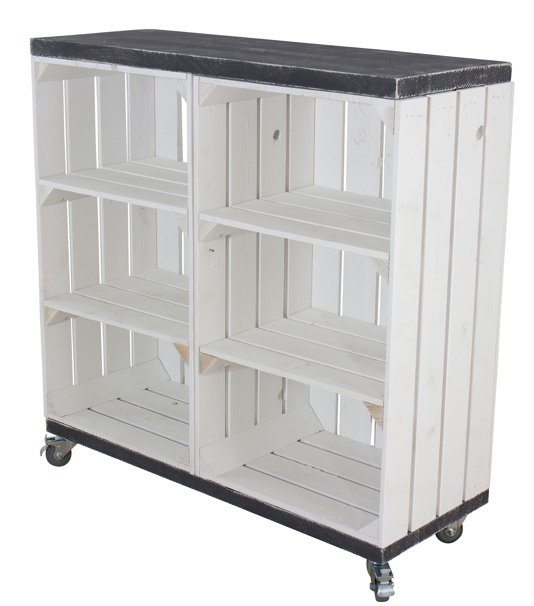 Regal aus zwei weißen Holzkisten mit Shabby schwarzen Bohlenbrettern und Rollen, 81x80x30cm