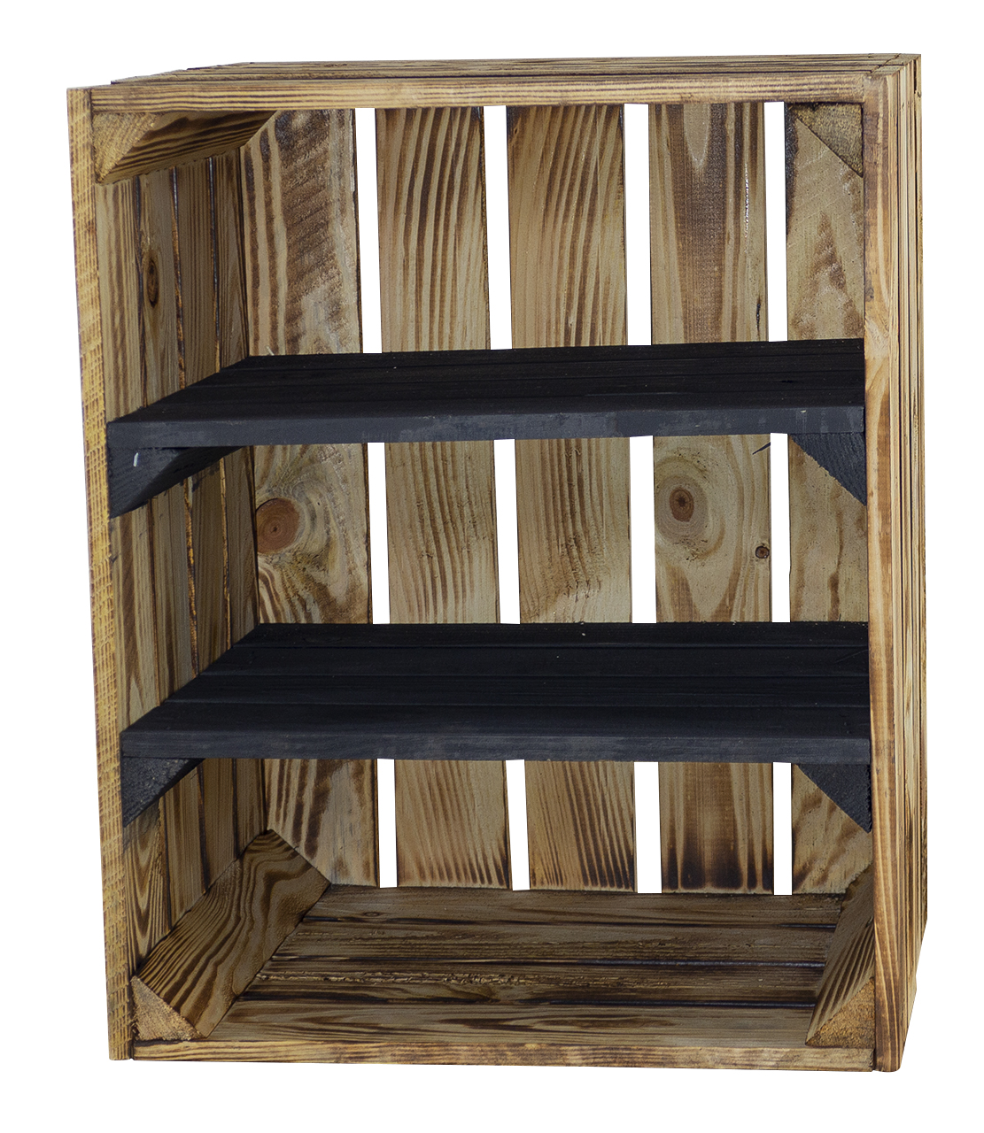 Geflammte Kiste mit 2 schwarzen Mittelbrettern 50x40x30cm Geflammte Kiste mit 2 schwarzen Mittelbrettern 50x40x30cm