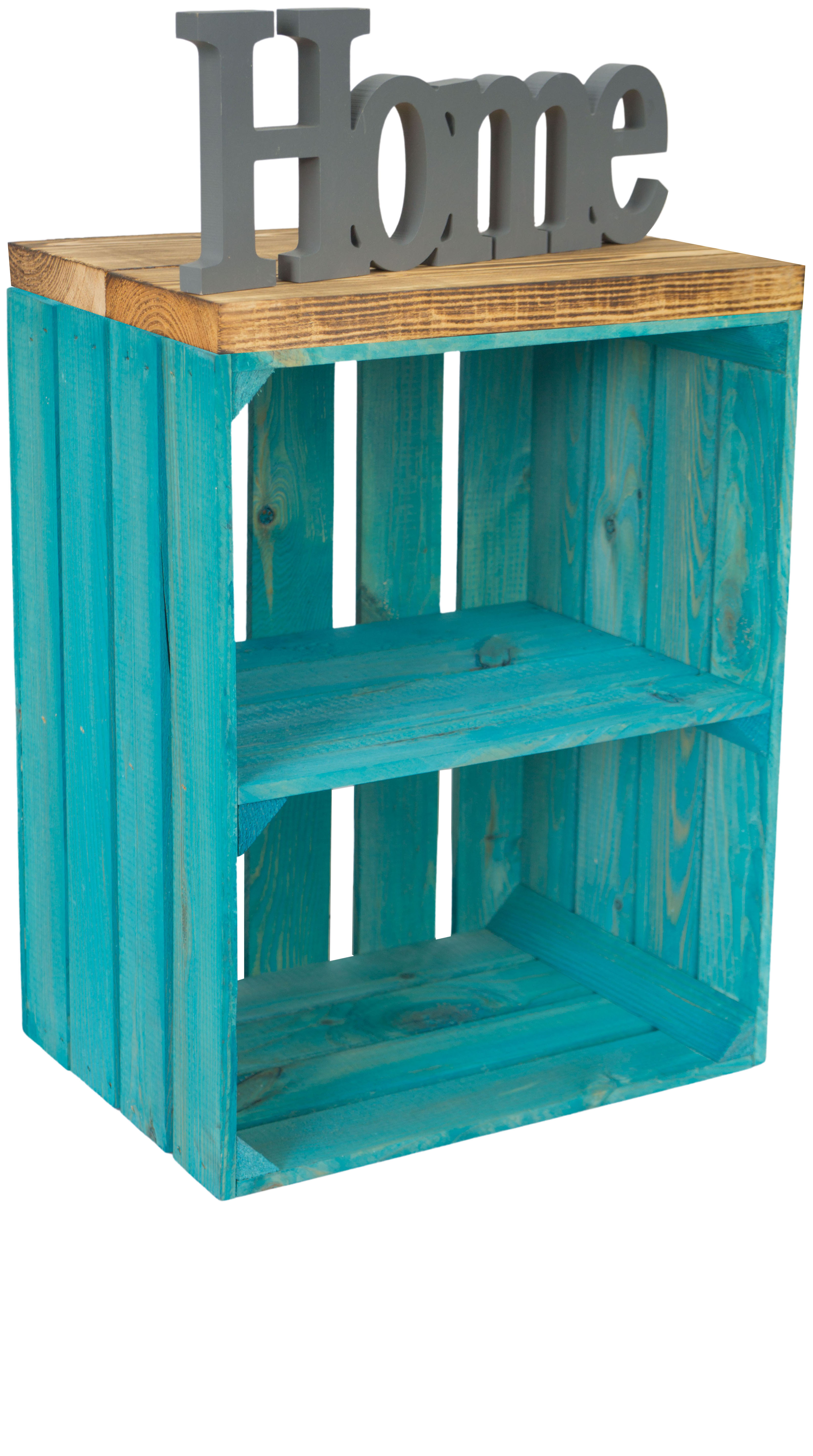 Sitzkiste Johanna Türkis Quer Sitzfläche aus dicken geflammten Holzplanken