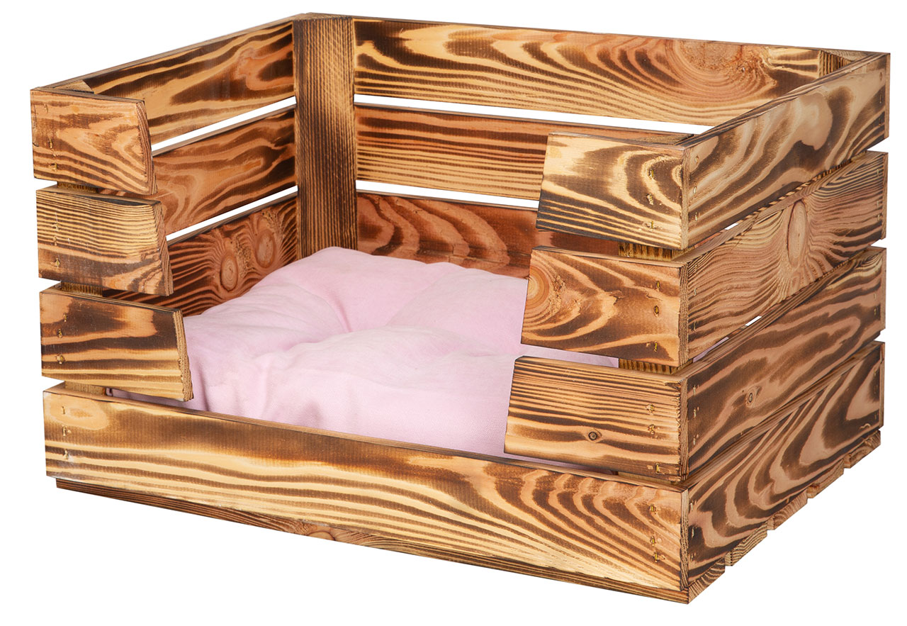 Katzenbett "Obstkiste" in geflammtem Holz ohne Kissen 50x40x30cm
