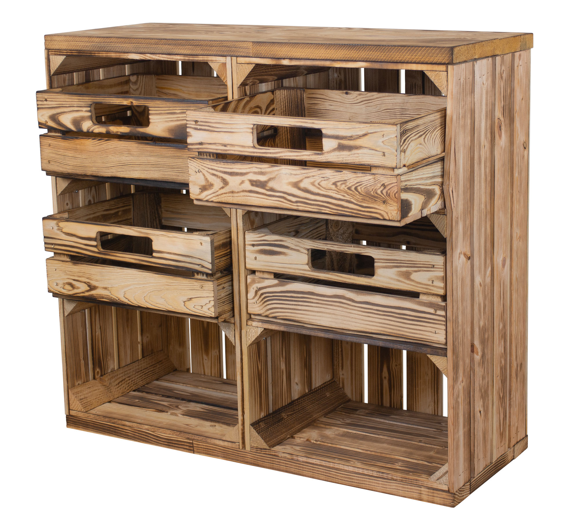 Regal aus zwei geflammten Kisten mit Schubladen und Bohlenbrett in geflammt auf Rollen Regal aus zwei geflammten Kisten mit Schubladen und Bohlenbrett in geflammt auf Rollen