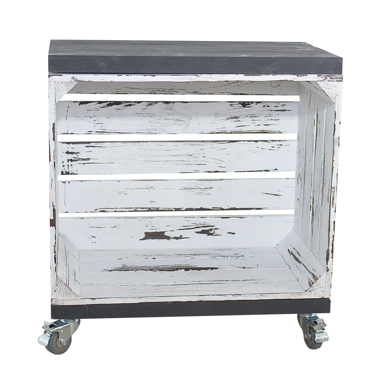 Regal aus einer Obstkiste in Vintage Optik mit zwei Bohlenbrettern in ShabbySchwarz, auf Rollen 53x50x30cm Regal aus einer Obstkiste in Vintage Optik mit zwei Bohlenbrettern in ShabbySchwarz, auf Rollen 53x50x30cm