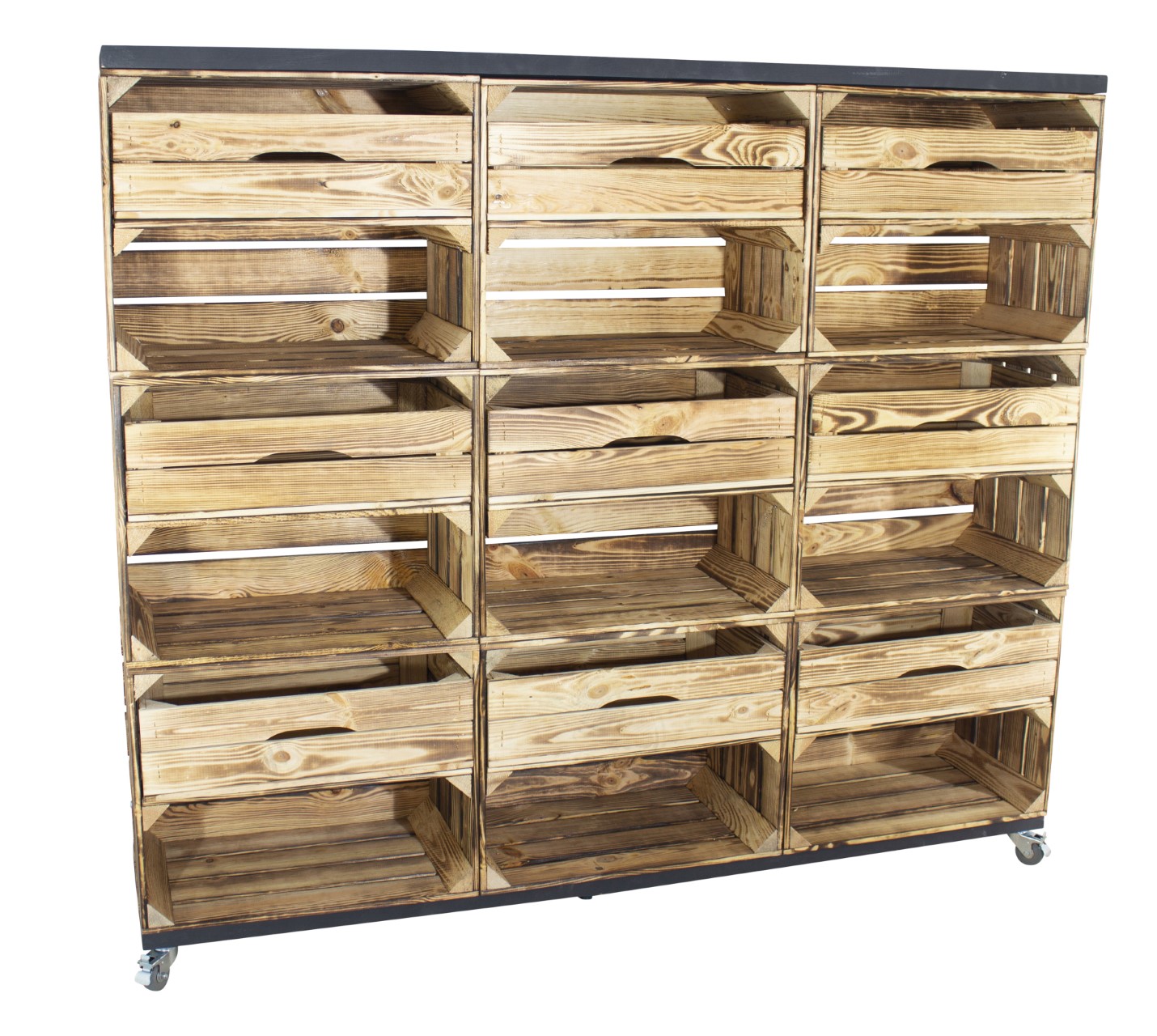 Raumtrenner/ Kommode aus geflammten Obstkisten mit 2 schwarzen Bohlenbrettern auf Rollen 133x150x30cm Raumtrenner/ Kommode aus geflammten Obstkisten mit 2 schwarzen Bohlenbrettern auf Rollen 133x150x30cm
