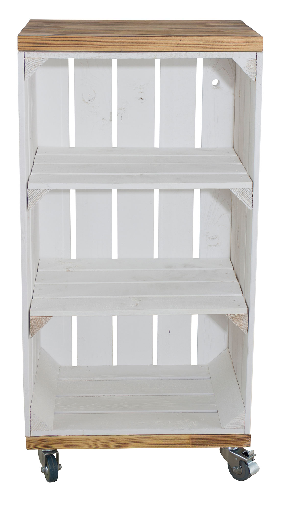 Regal aus einer hohen weißen Kiste mit 2 geflammten Bohlenbrettern auf Rollen, 40x80x30cm Regal aus einer hohen weißen Kiste mit 2 geflammten Bohlenbrettern auf Rollen, 40x80x30cm