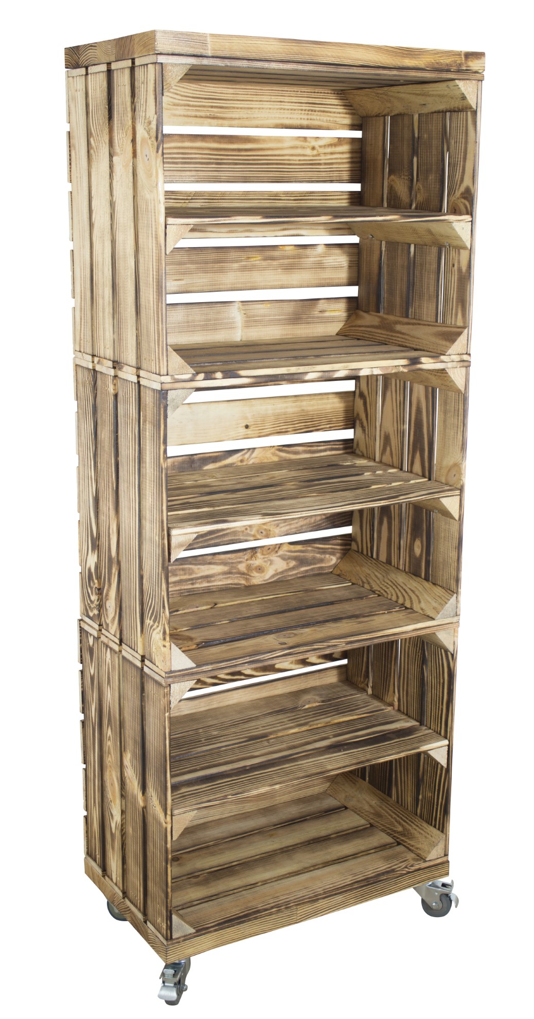 Regal aus 3 geflammten Obstkisten mit 2 geflammten Bohlenbrettern auf Rollen 133x50x30cm Regal aus 3 geflammten Obstkisten mit 2 geflammten Bohlenbrettern auf Rollen 133x50x30cm
