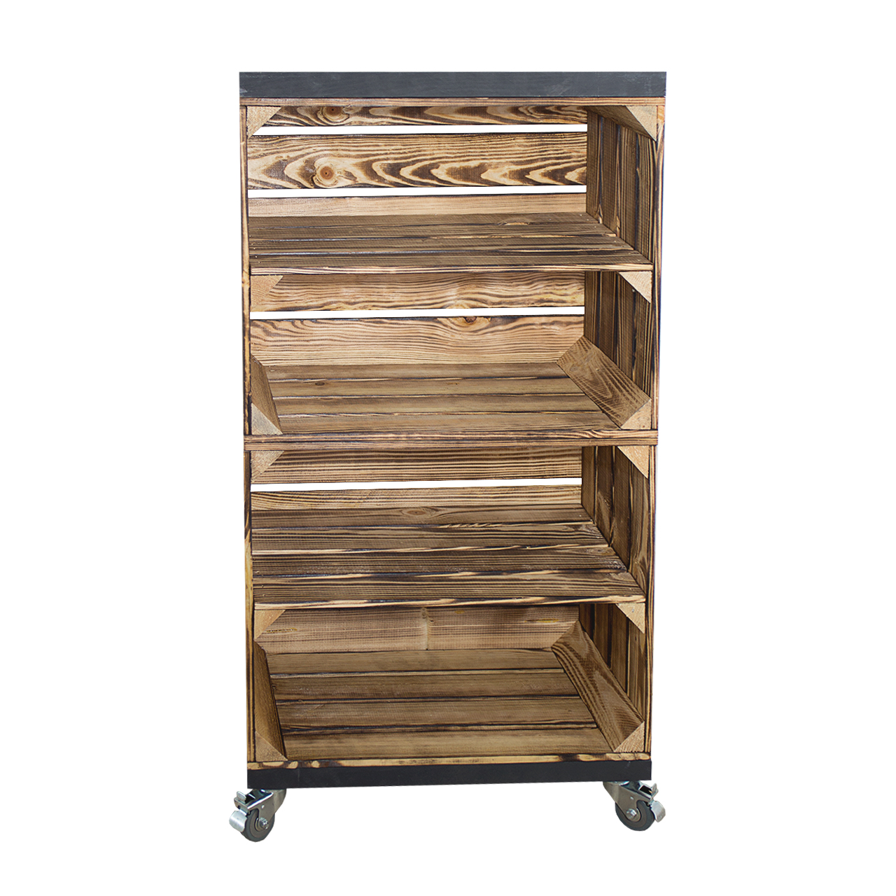 Regal aus 2 geflammten Obstkisten mit 2 Bohlenbrettern in schwarz auf Rollen 93x50x30cm Regal aus 2 geflammten Obstkisten mit 2 Bohlenbrettern in schwarz auf Rollen 93x50x30cm