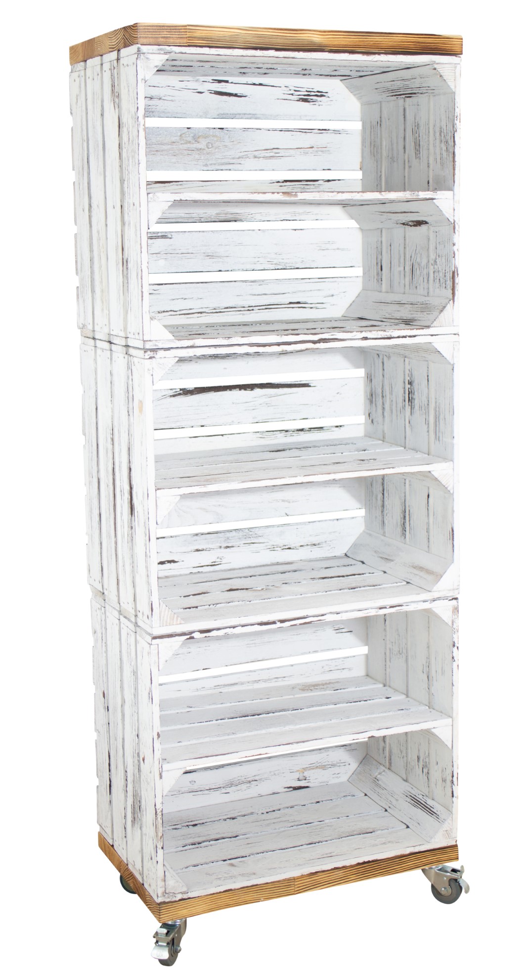 Regal aus 3 Obstkisten in shabby weiß mit 2 geflammten Bohlenbrettern auf Rollen 133x50x30cm Regal aus 3 Obstkisten in shabby weiß mit 2 geflammten Bohlenbrettern auf Rollen 133x50x30cm