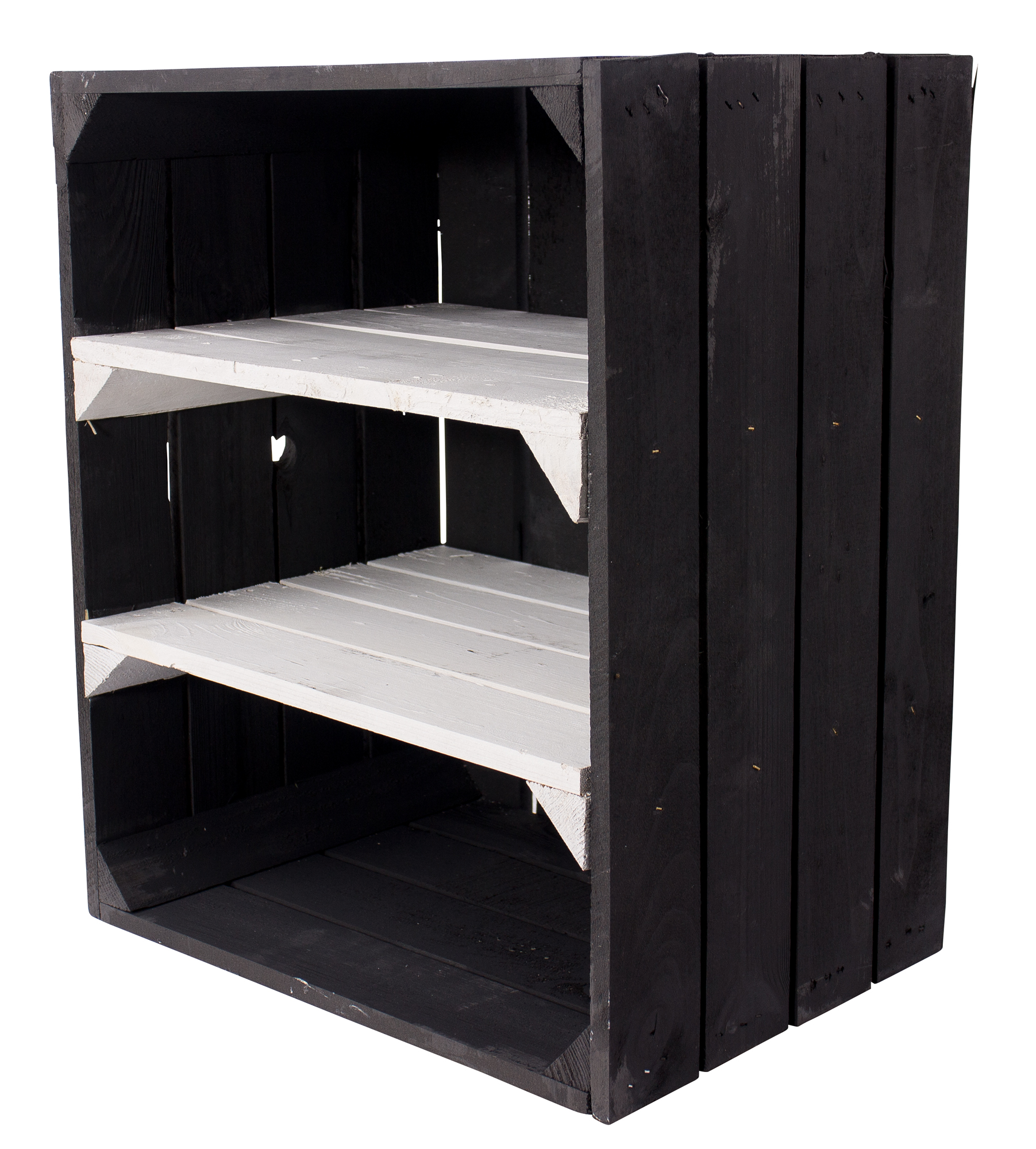 Schwarze Holzkiste mit 2 weißen Mittelbrettern -quer- 50x40x30cm Schwarze Holzkiste mit 2 weißen Mittelbrettern -quer- 50x40x30cm