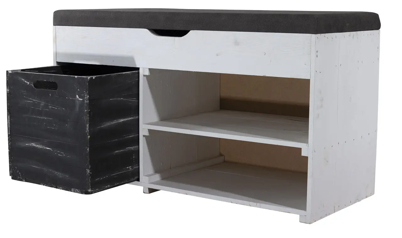 Weiße Sitzbank (Truhe) im Obstkisten Design mit Sitzpolster und Kallax Einschubkiste 90x52x39cm Weiße Sitzbank (Truhe) im Obstkisten Design mit Sitzpolster und Kallax Einschubkiste 90x52x39cm