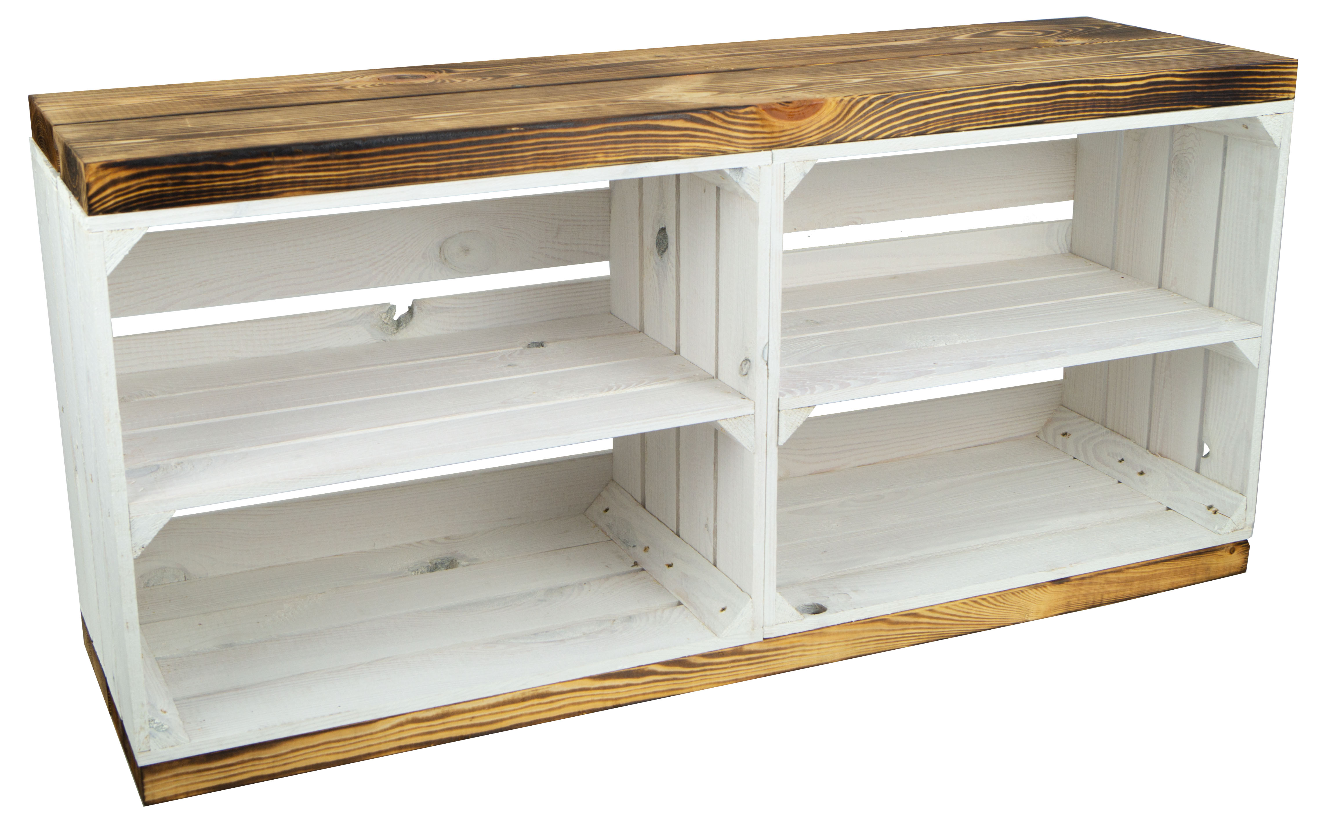 Sitzbank weiss mit Sitzfläche aus dicken Holzplanken geflammt mit Mittelbrett weiss