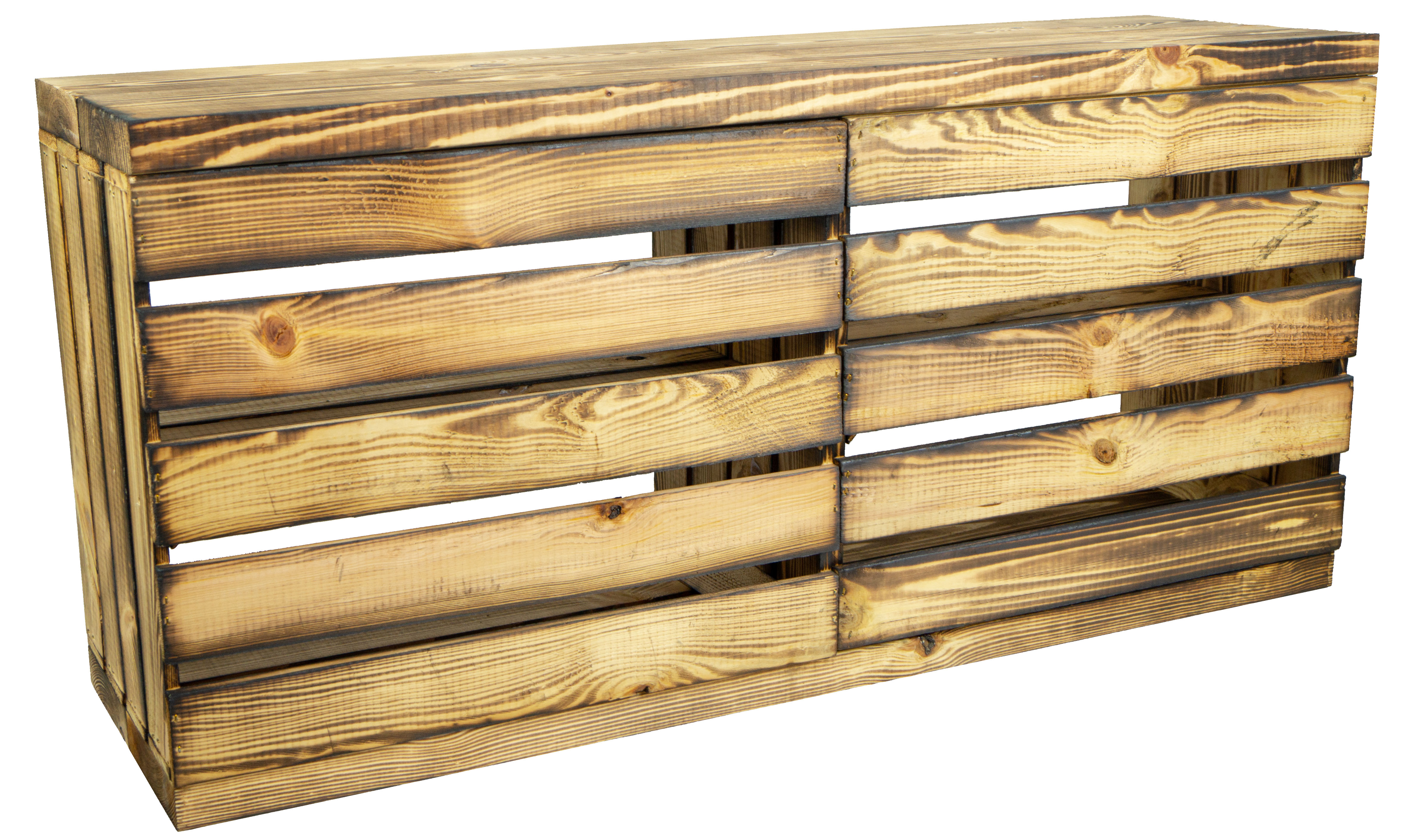 Sitzbank geflammt mit Sitzfläche aus dicken Holzplanken geflammt mit Mittelbrett geflammt