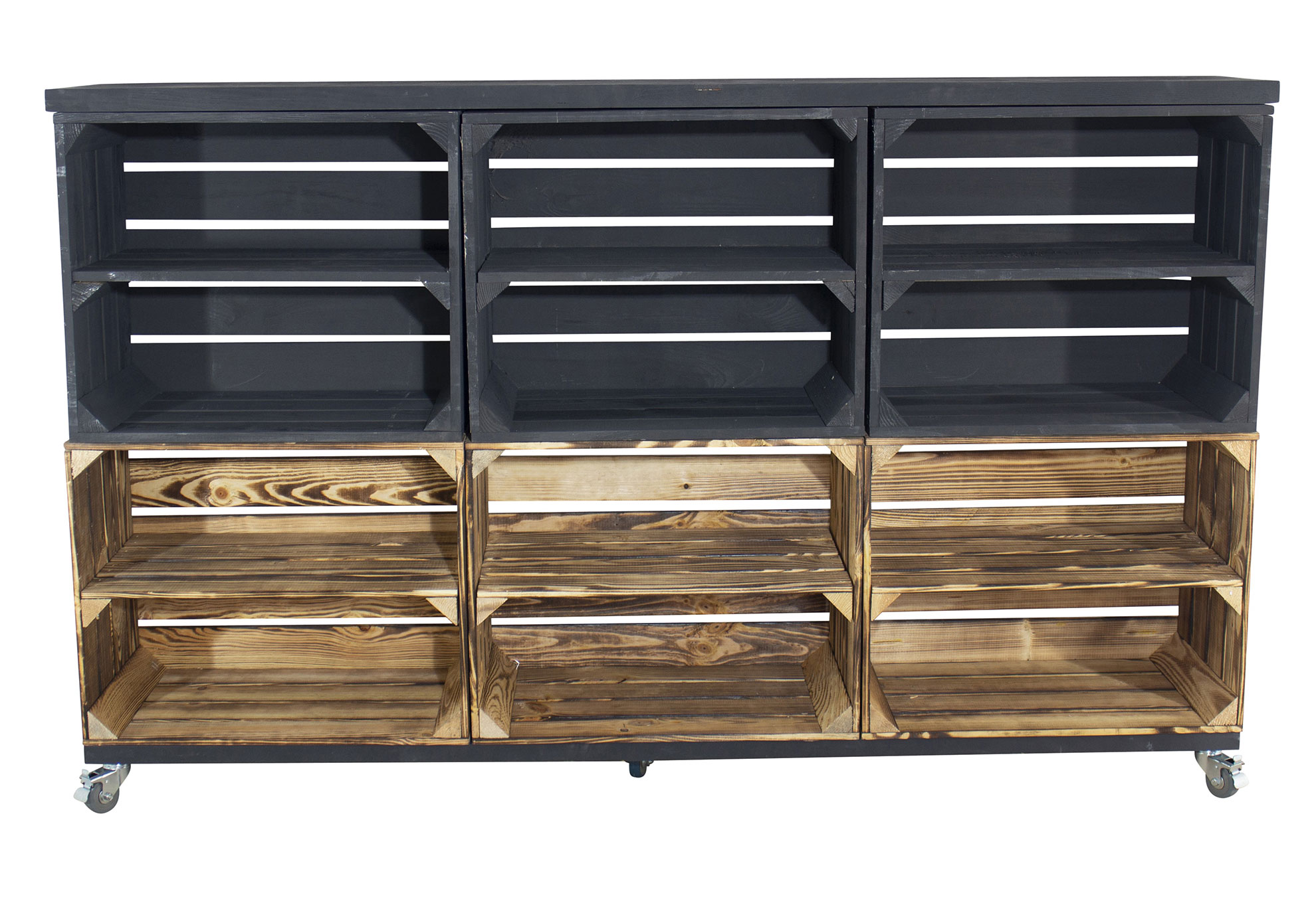 Kommode aus 6 Kisten ( 3 schwarze und 3 geflammte) mit 2 schwarzen Bohlenbrettern auf Rollen 150x93x30cm Kommode aus 6 Kisten ( 3 schwarze und 3 geflammte) mit 2 schwarzen Bohlenbrettern auf Rollen 150x93x30cm