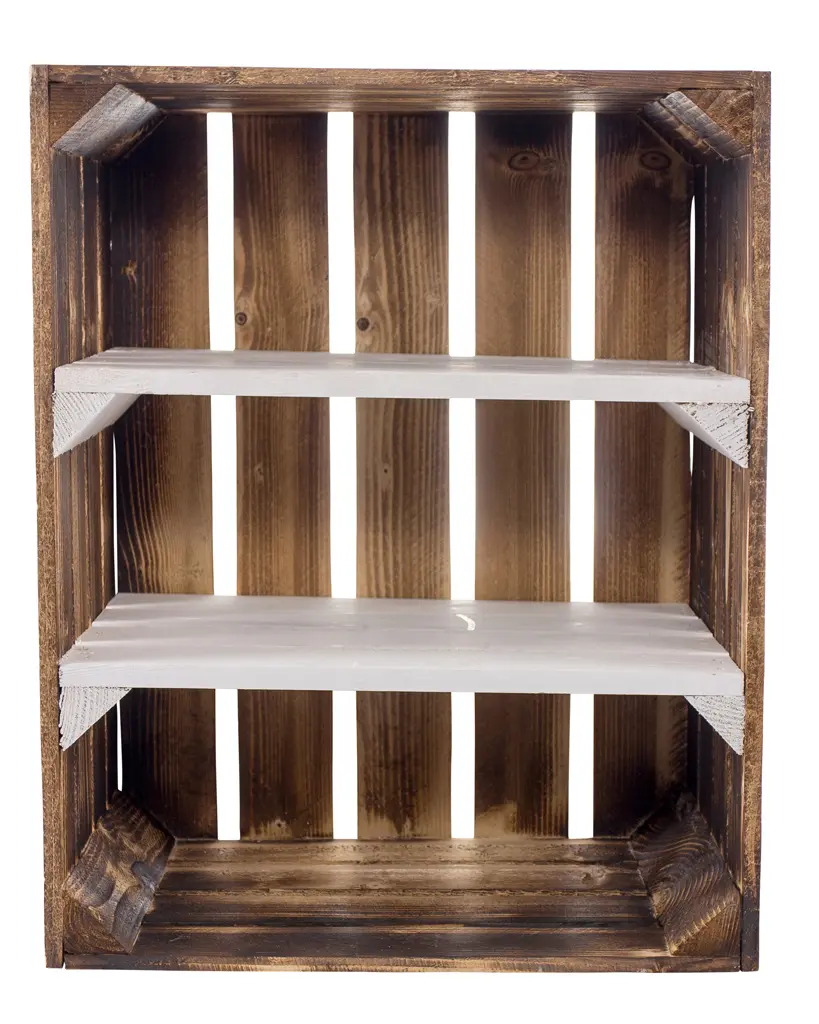 Geflammte Holzkiste mit 2 weißen Mittelbrettern -quer- 50x40x30cm