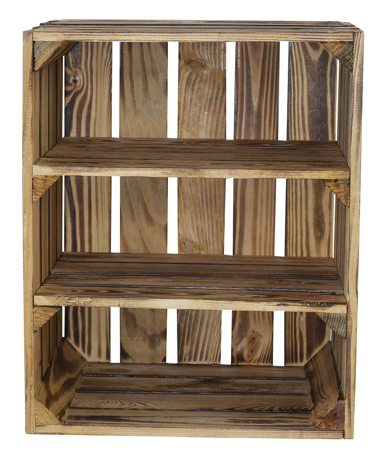 Geflammte Holzkiste mit 2 Mittelbrettern -quer- 50x40x30cm