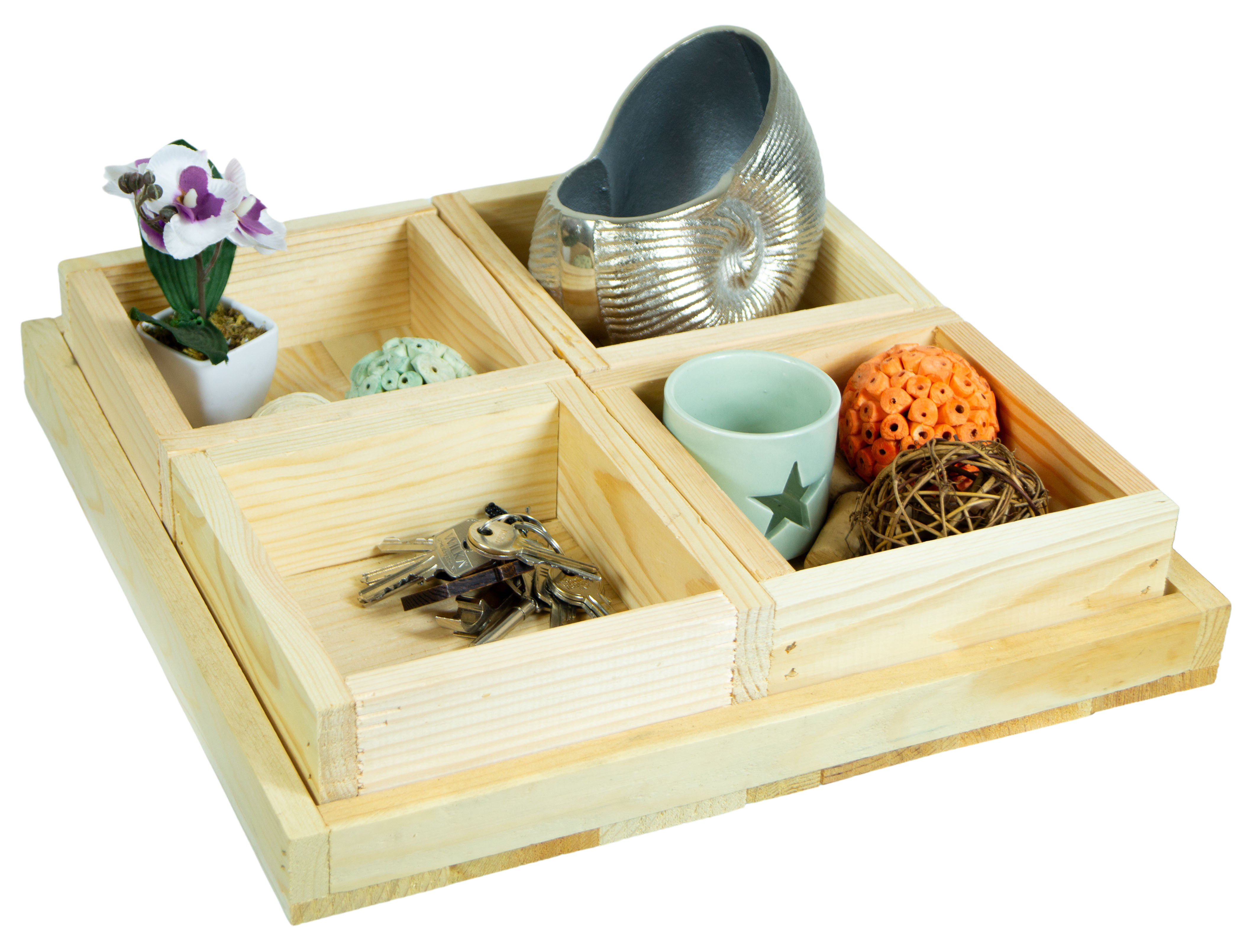 Kleines Dekotablett-Set aus 5 Holzkisten 40x40cm 8cm Höhe Kleines Dekotablett-Set aus 5 Holzkisten 40x40cm 8cm Höhe