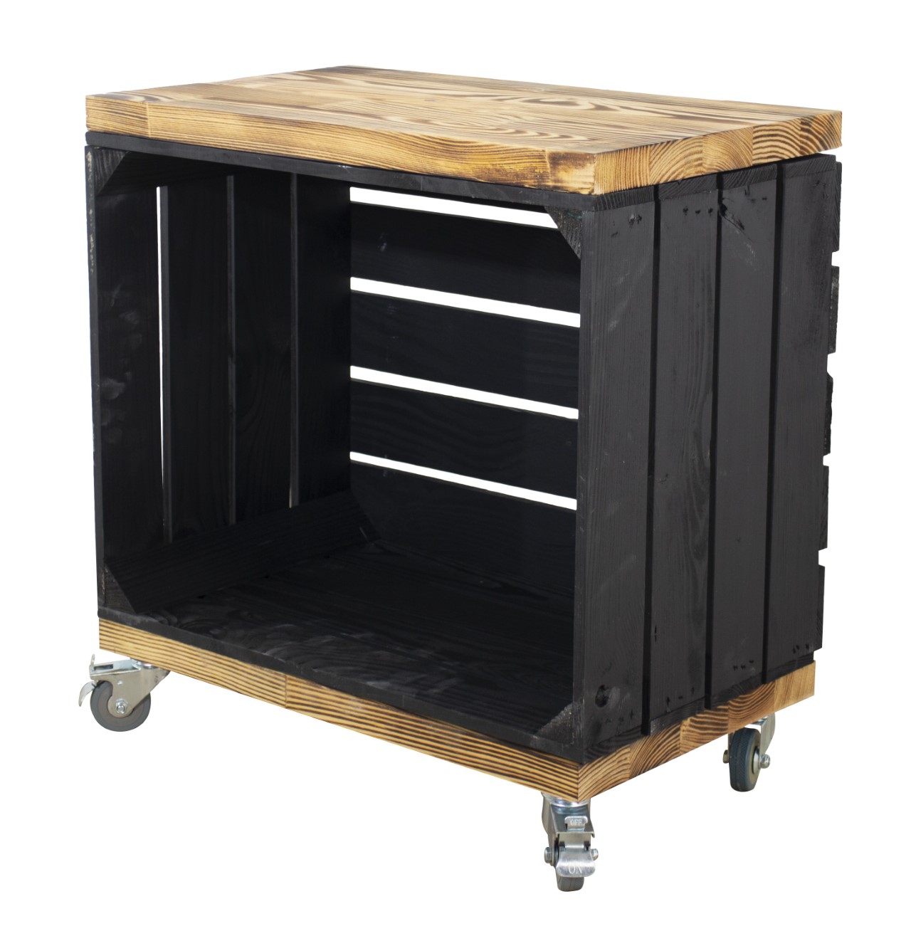 Beistelltisch aus einer schwarzen Obstkiste mit 2 geflammten Bohlenbrettern auf Rollen 53x50x30cm Beistelltisch aus einer schwarzen Obstkiste mit 2 geflammten Bohlenbrettern auf Rollen 53x50x30cm