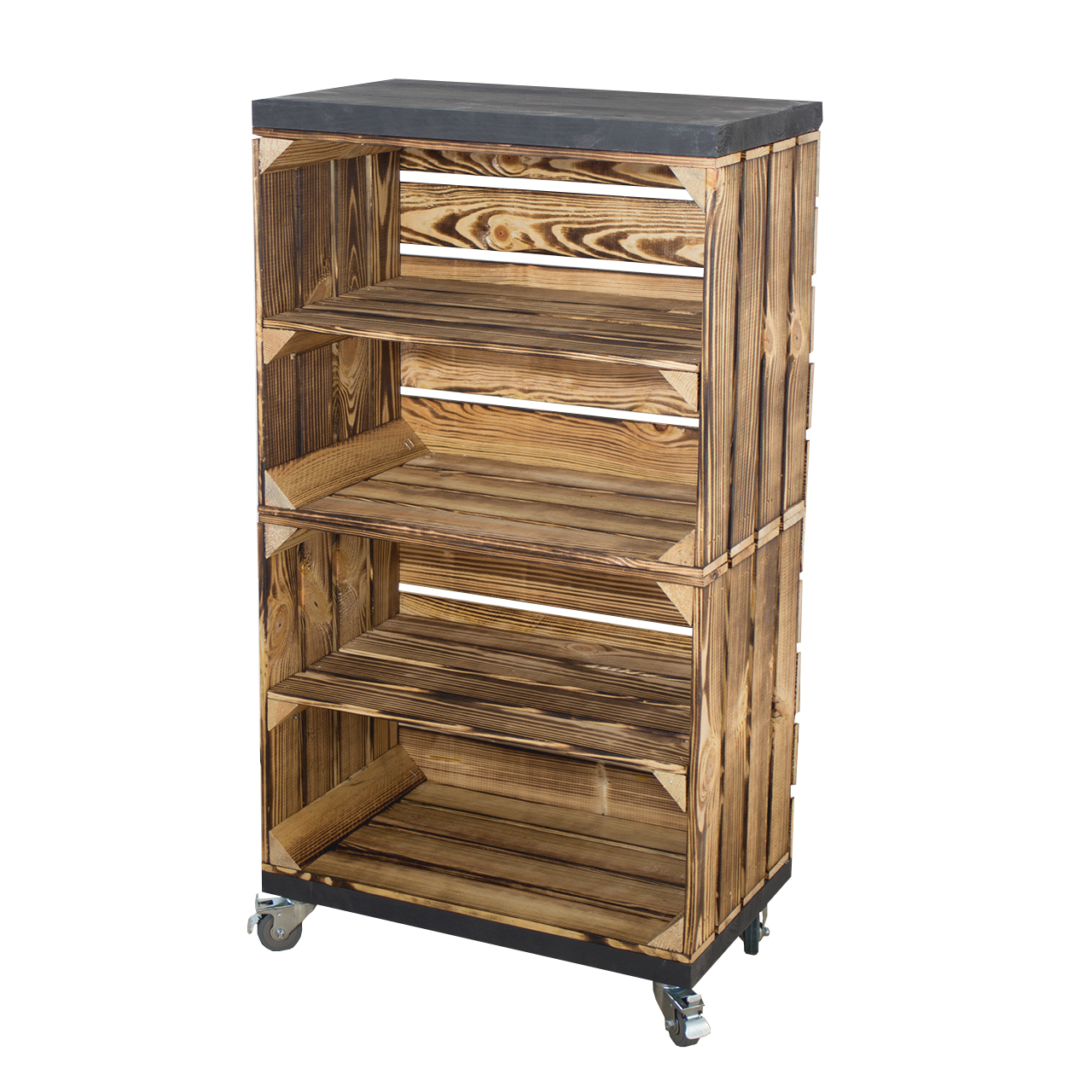 Regal aus 2 geflammten Obstkisten mit 2 Bohlenbrettern in schwarz auf Rollen 93x50x30cm Regal aus 2 geflammten Obstkisten mit 2 Bohlenbrettern in schwarz auf Rollen 93x50x30cm