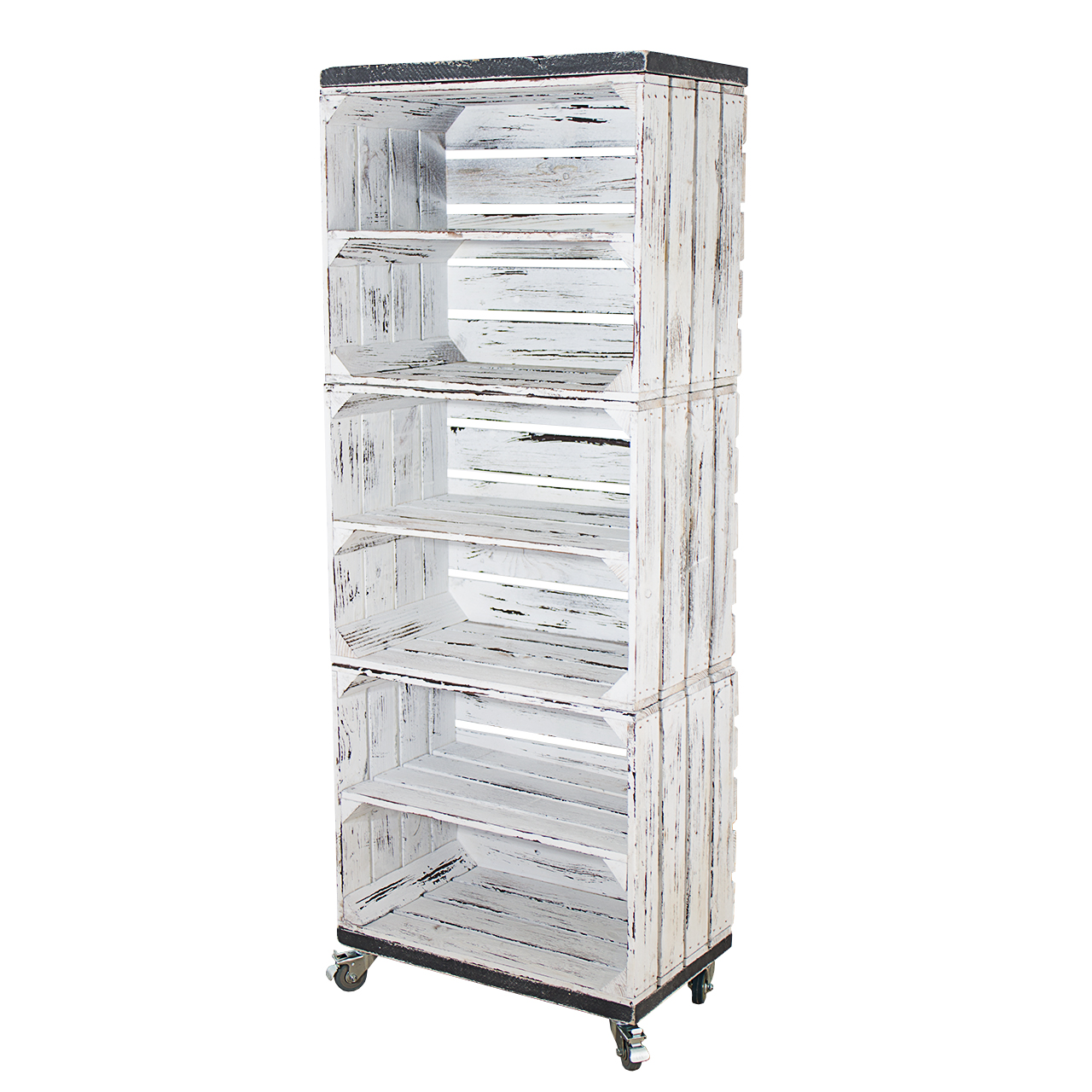 Regal aus 3 shabby weißen Obstkisten mit 2 Bohlenbrettern in grau vintage auf Rollen 133x50x30cm Regal aus 3 shabby weißen Obstkisten mit 2 Bohlenbrettern in grau vintage auf Rollen 133x50x30cm