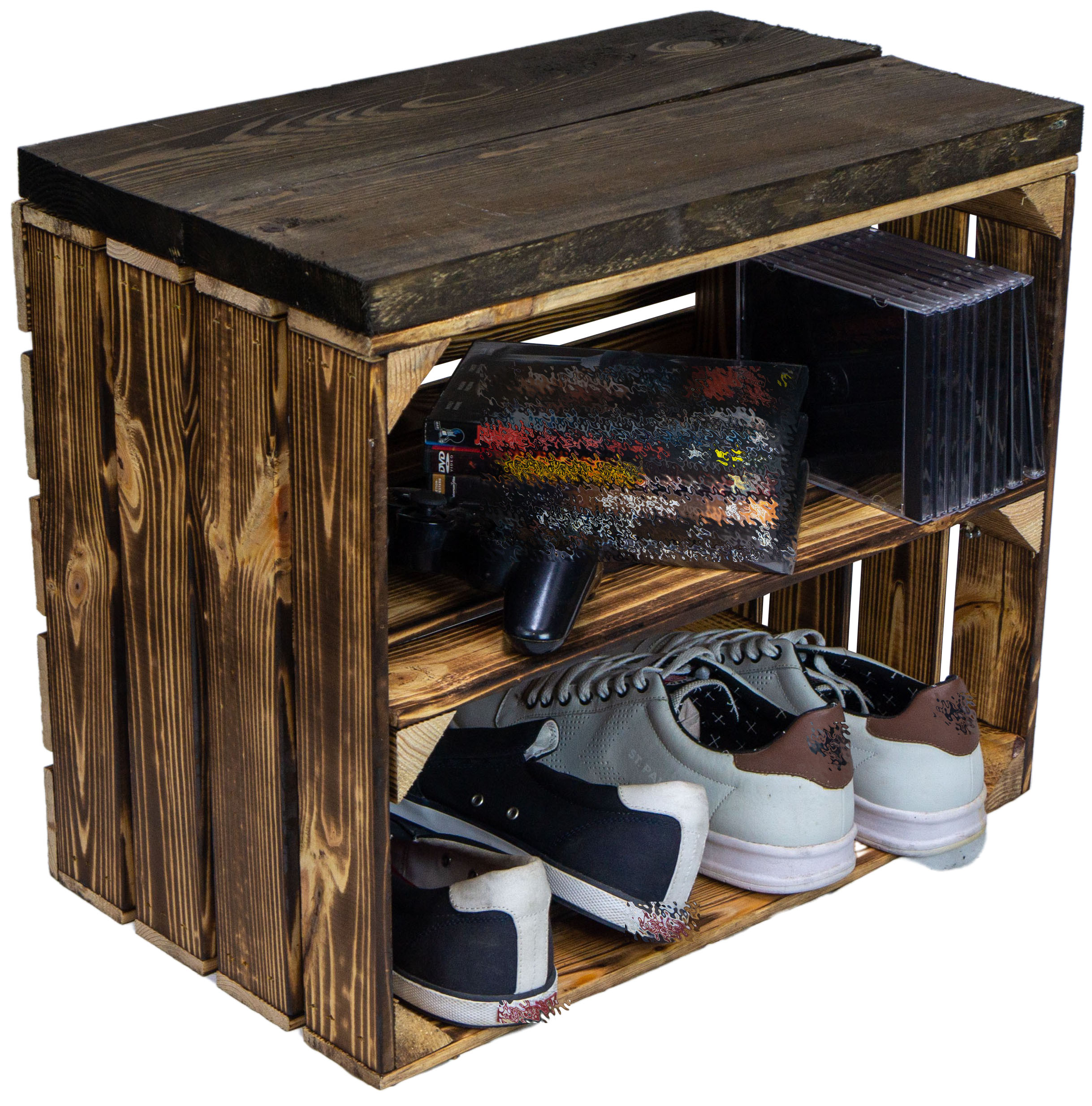 Sitzkiste Johanna - geflammt Längs - mit Planke schwarze Planke Sitzkiste Johanna - geflammt Längs - mit Planke schwarze Planke